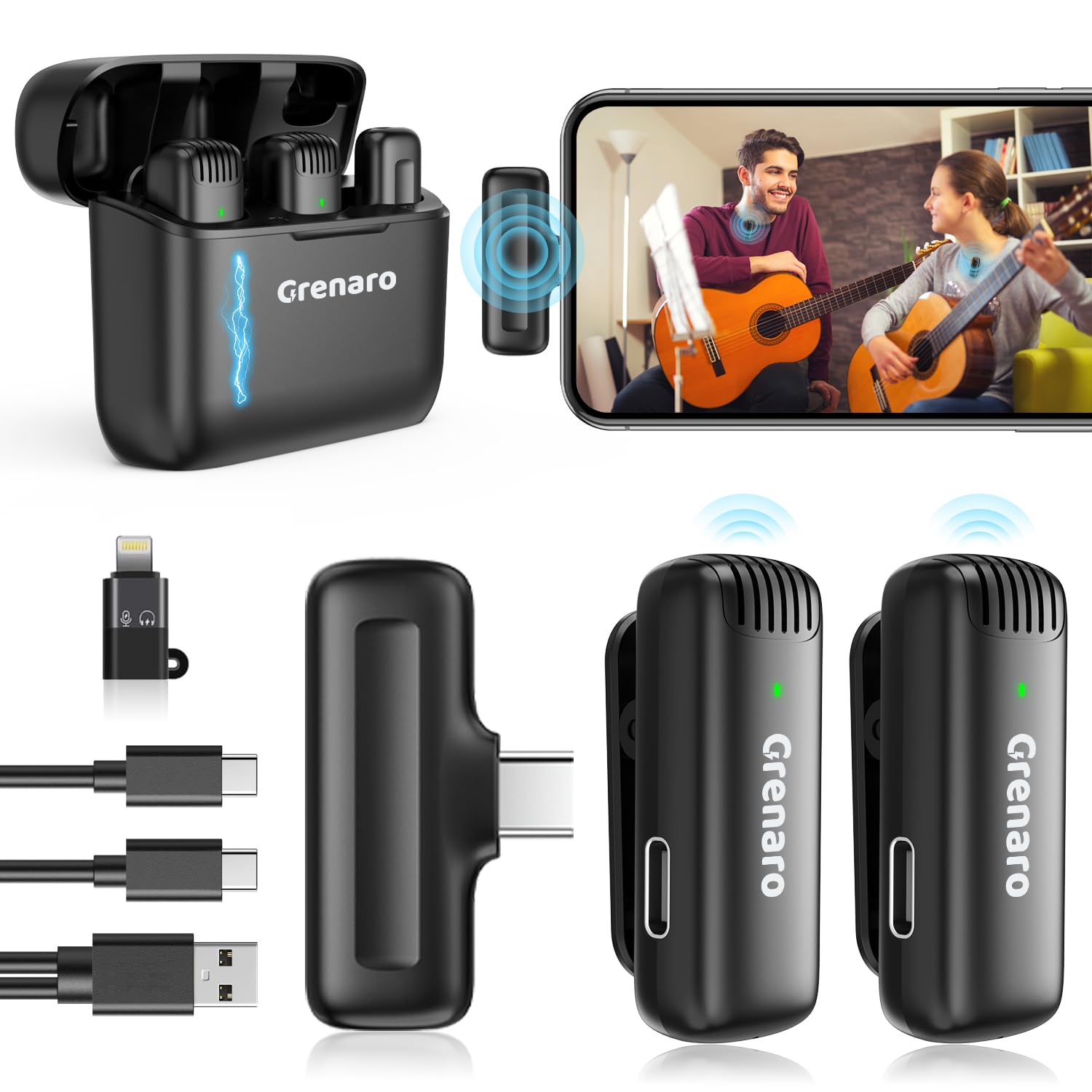 GRENARO J13 Wireless Microphone, Noise Reduction Lapel Mic with Charging Case, Wireless Mic for Video Recording, YouTube, Facebook, Support System for Type C & iPhone (Dual Channel Universal Version)