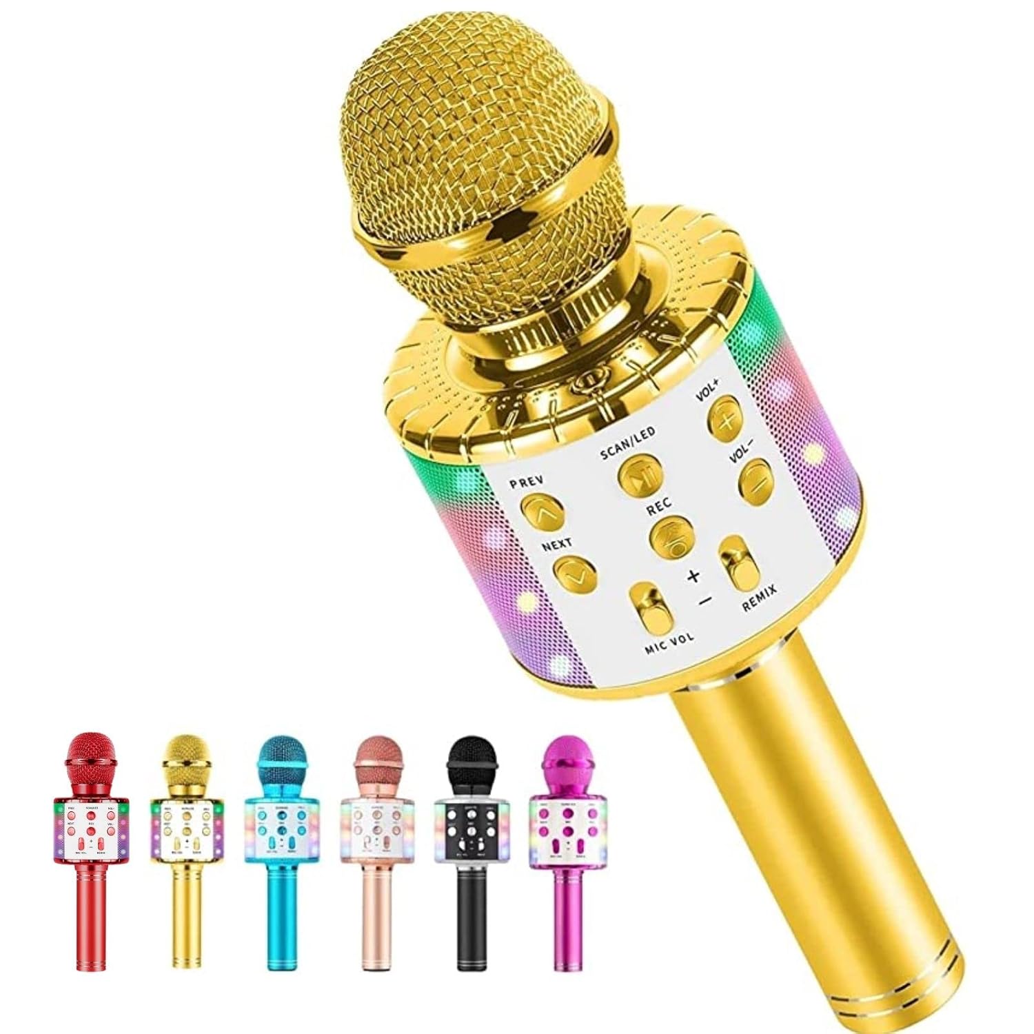 Milerong Karaoke Microphone for Kids Singing, 5 in 1 Wireless Bluetooth Microphone with Led Lights Karaoke Machine Portable Mic Speaker Player Recorder for Home Party Birthday ?Gold?