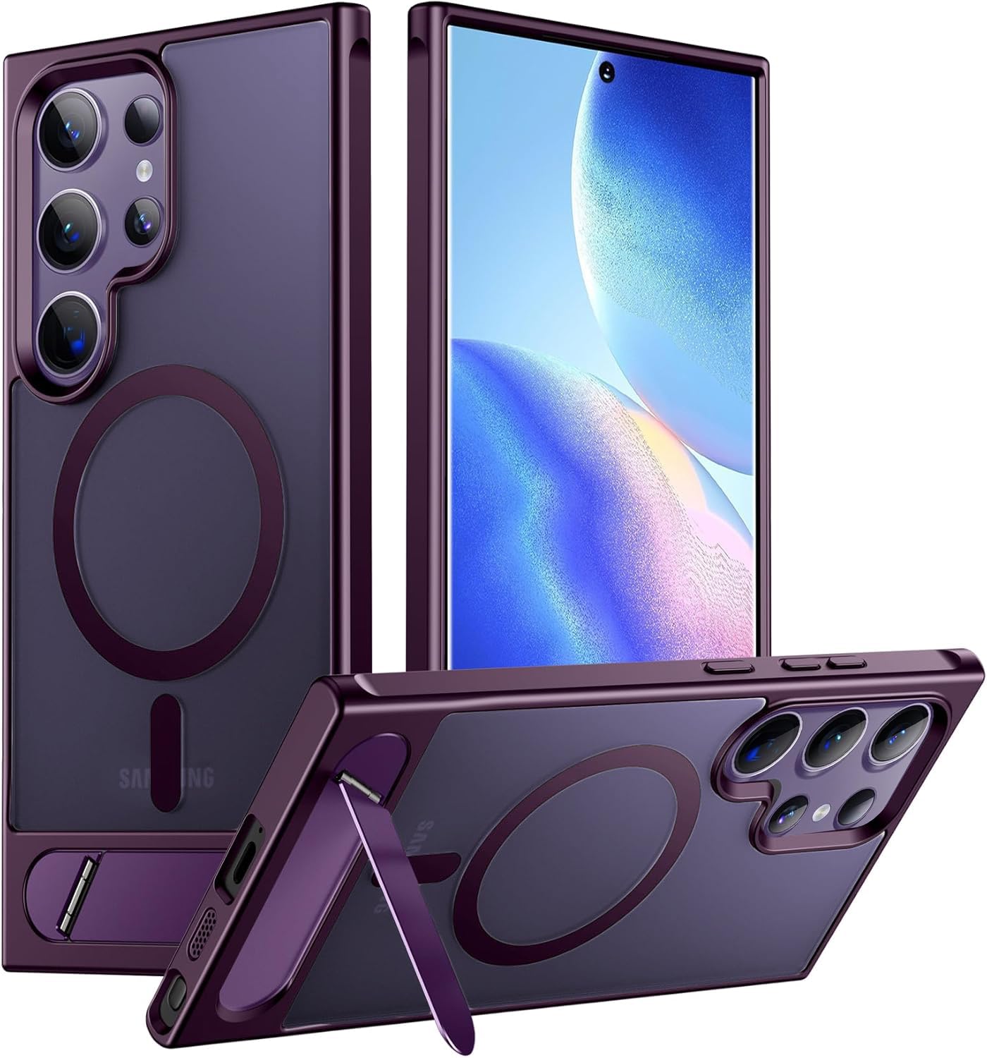 Elzzi Magnetic Cover Compatible for Samsung S24 Ultra 5g Case with Adjustable Metal Kickstand, Compatible with Mag-Safe Translucent Matte Shockproof Protective Phone Case, Titanium Violet