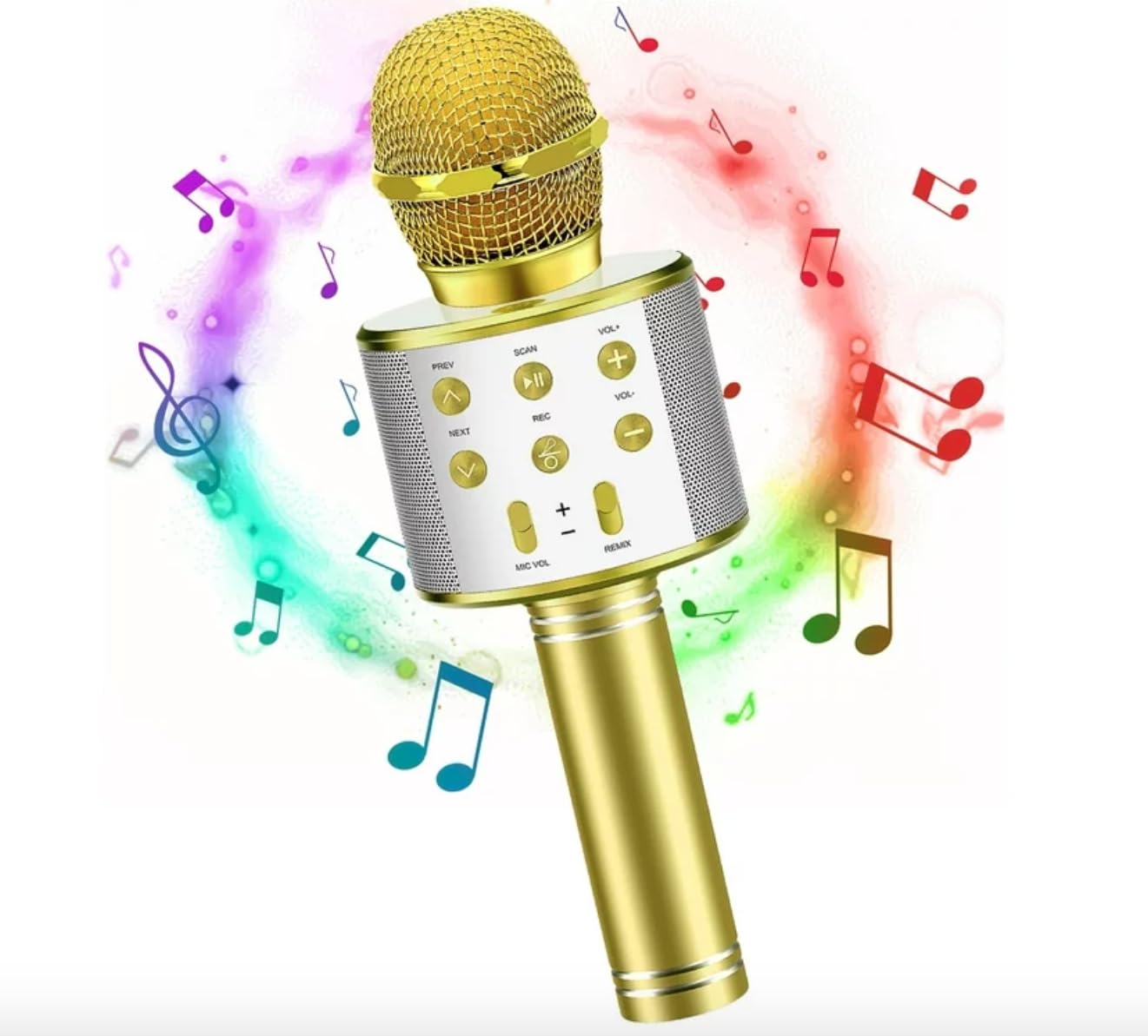 VRJTEC Bluetooth Karaoke Mic – Wireless & Multifunctional2 in 1 Microphone with Audio Recording, 5 Hours Continuous Play+ USB Charging + Card Slot + Aux Port (Golden – Color)