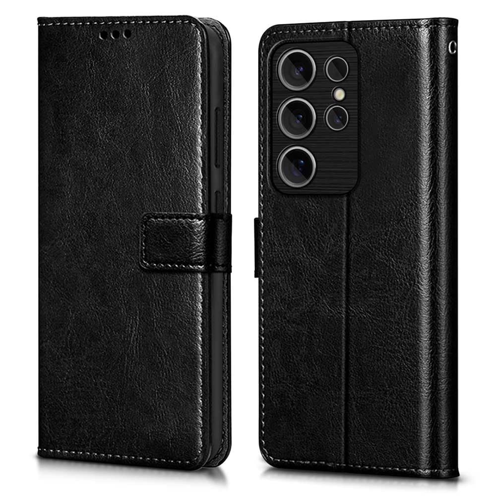 WOW IMAGINE Shock Proof Flip Cover Back Case Cover for Samsung Galaxy S24 Ultra 5G (Flexible | Leather Finish | Card Pockets Wallet & Stand | Black)