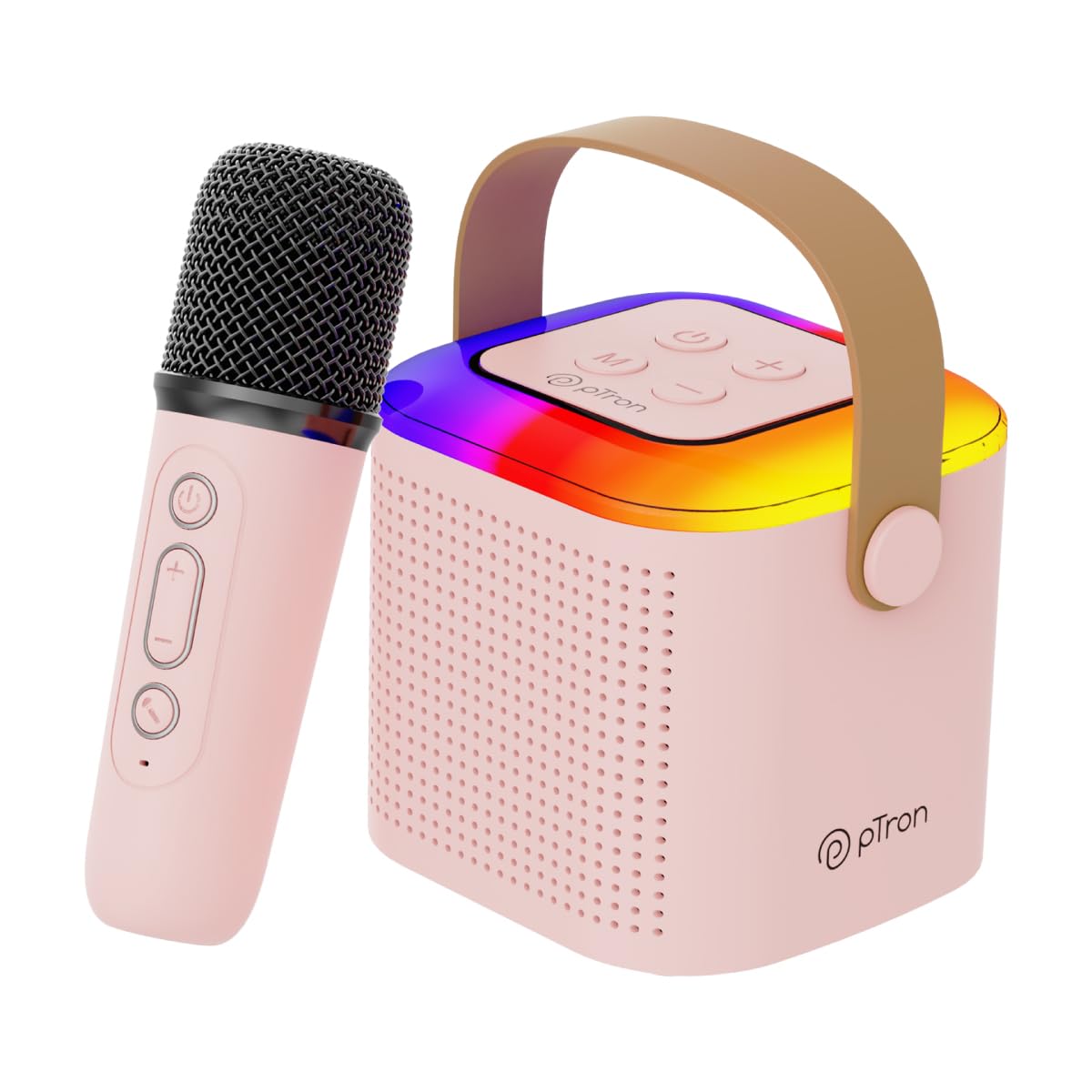 pTron Newly Launched Fusion Tunes 10W Mini Bluetooth Speaker, Wireless Karaoke Mic, 8Hrs Playtime, Vivid RGB Lights, Voice Effects, Multi-Play Modes BT5.1/TF Card & Type-C Charging (Light Pink)