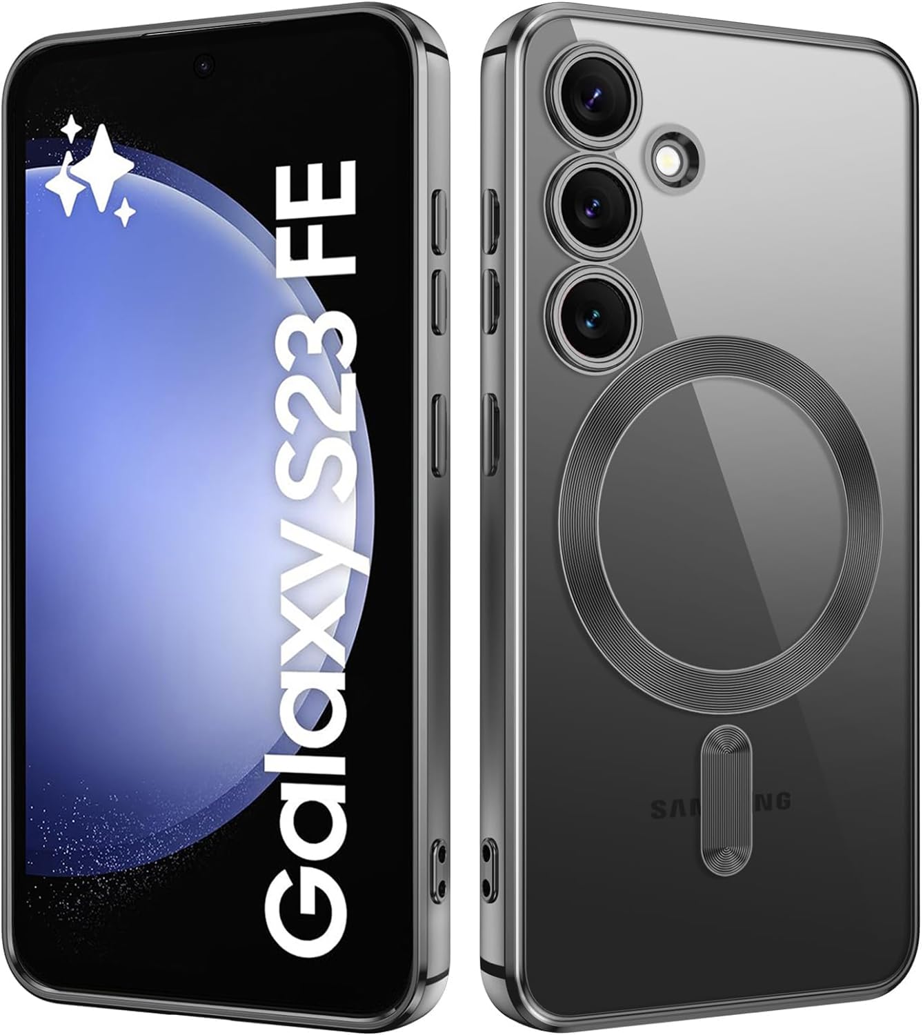 VONZEE Clear Logo Electroplating Transparent Case for Samsung Galaxy S23 FE 5G, Magnetic Plating [Support for MagSafe Charger] Electroplate TPU Cover, Individual Camera Protection for Each Lens- Black