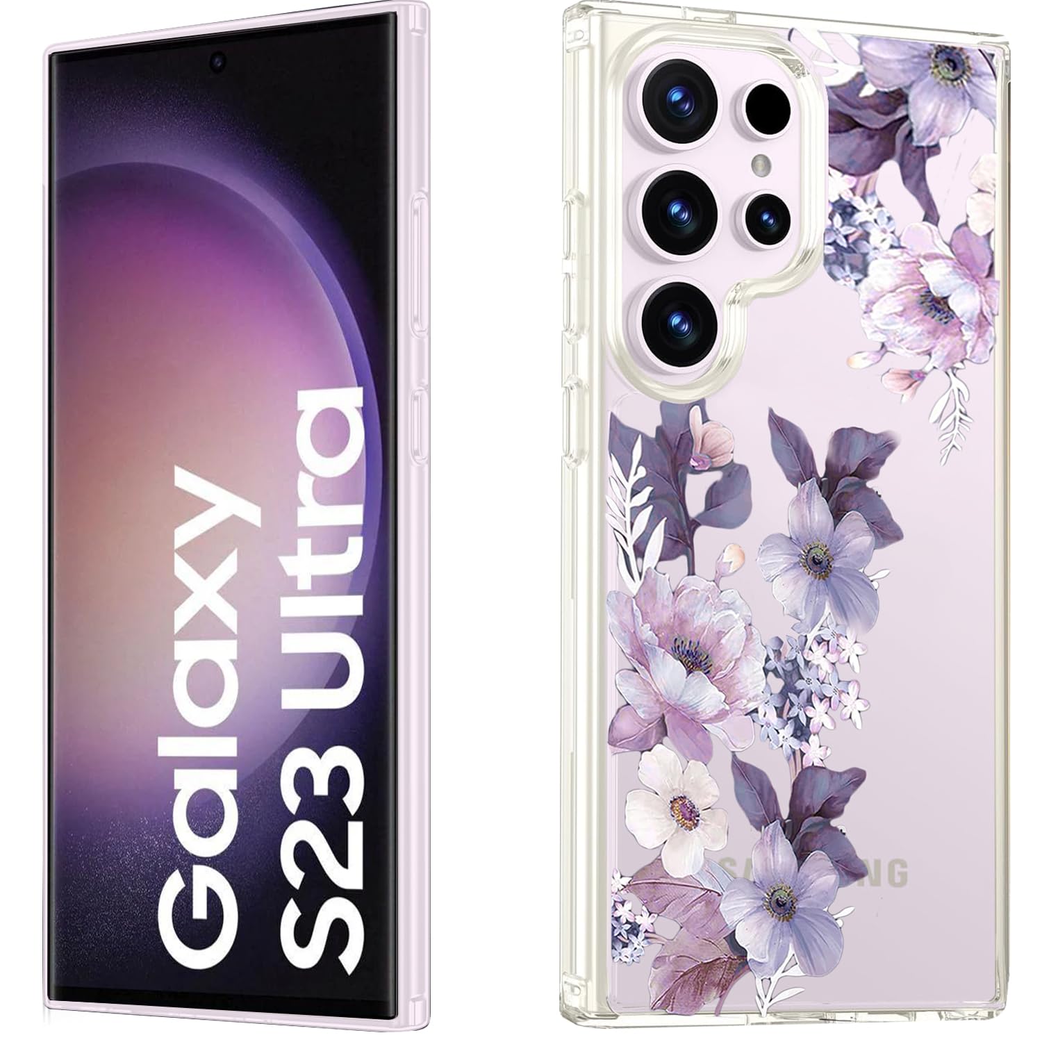 Elzzi Compatible with Samsung S23 Ultra 5g Case Laser Flower Oil Painting Cute Colorful Blue Ray Bumper with Full Camera Protection Shockproof PC+TPU Glossy Shiny Cover for Girls Women,Pink & Purple