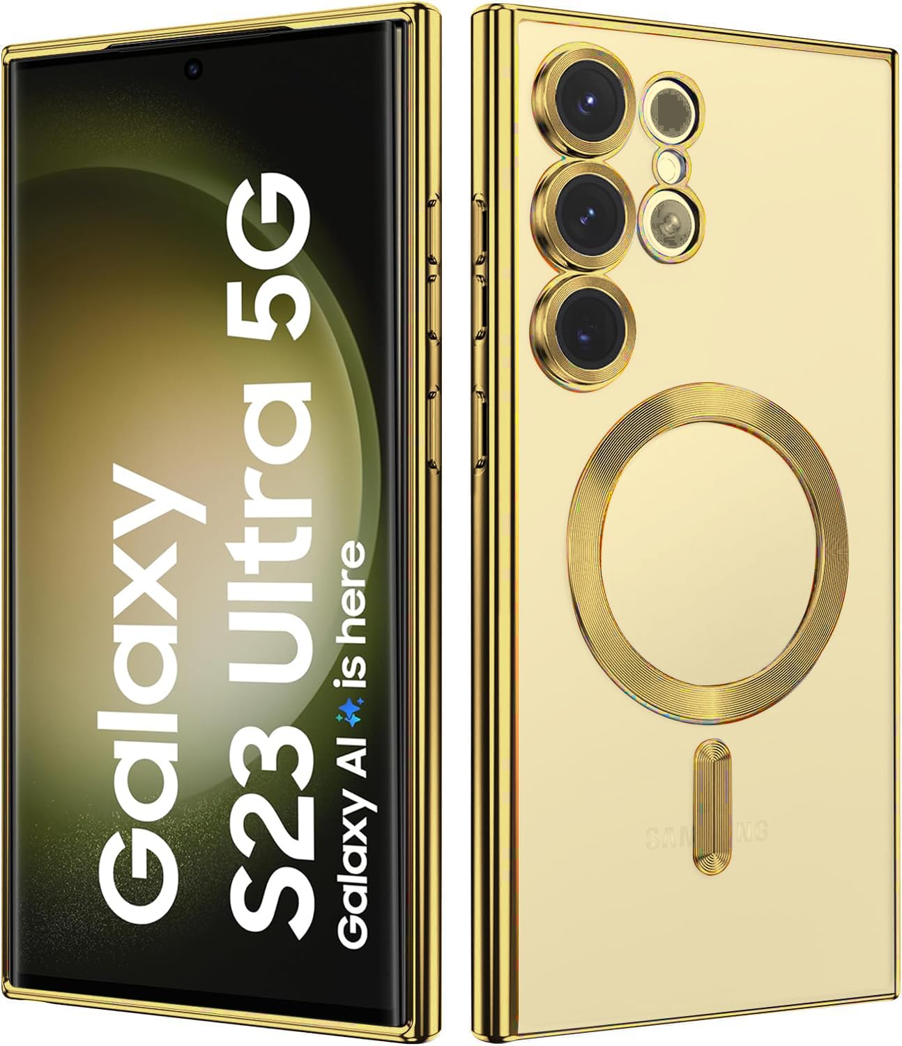 VONZEE Clear Logo Electroplating Transparent Case for Samsung Galaxy S23 Ultra 5G, [Support for MagSafe Charger] Electroplate Magnetic TPU Cover, Individual Camera Protection for Each Lens- Gold