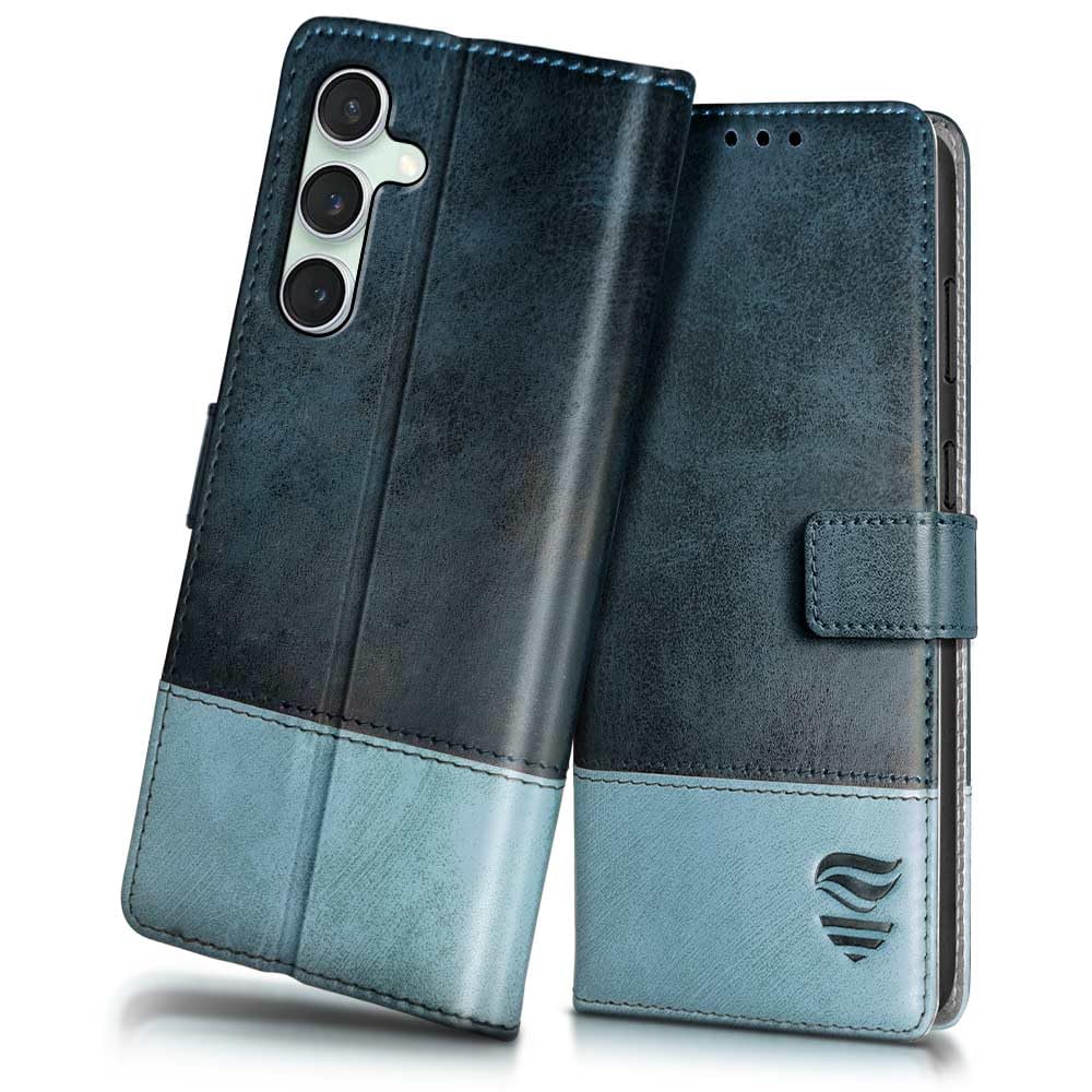 FLIPPED Vegan Leather Flip Case Back Cover for Samsung Galaxy S23 FE 5G (Flexible, Shock Proof | Hand Stitched Leather Finish | Card Pockets Wallet & Stand | Blue with Aquamarine)