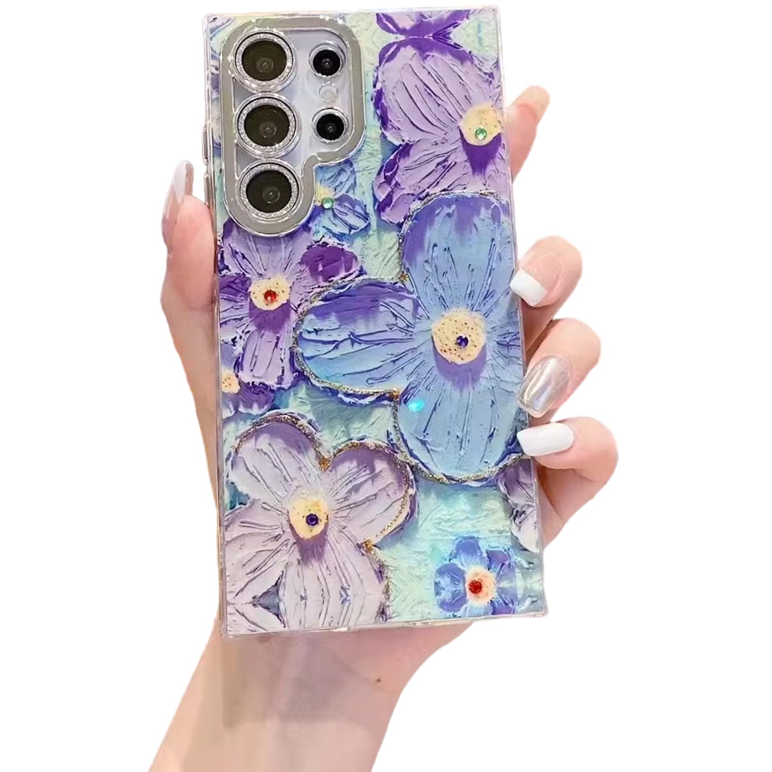 Elzzi Compatible with Samsung S23 Ultra 5G Case Laser Flower Oil Painting Cute Colorful Blue Ray Bumper with Full Camera Protection Shockproof PC+TPU Glossy Shiny Cover for Girls Women, Green