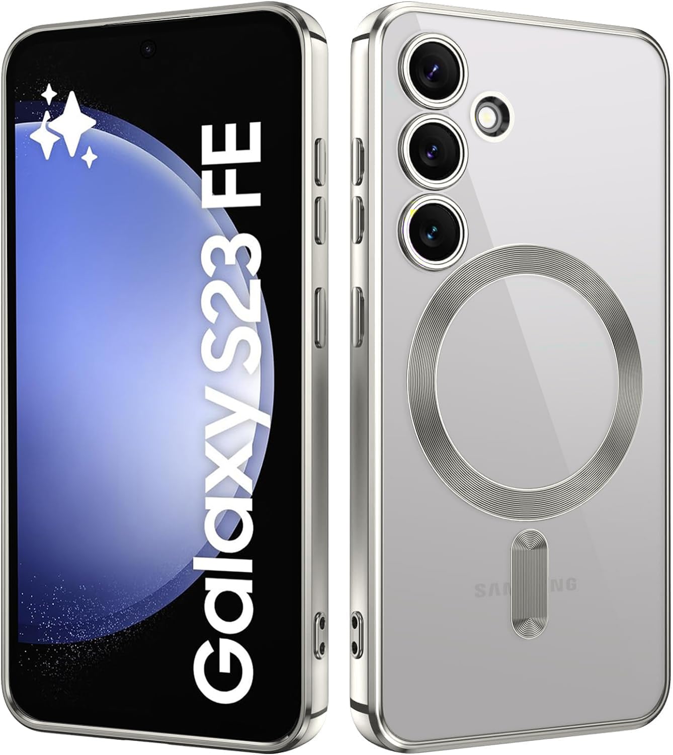 VONZEE Clear Logo Electroplating Transparent Case for Samsung Galaxy S23 FE 5G, Magnetic Plating [Support for MagSafe Charger] Electroplate TPU Cover, Individual Camera Protection for Each Lens- Grey