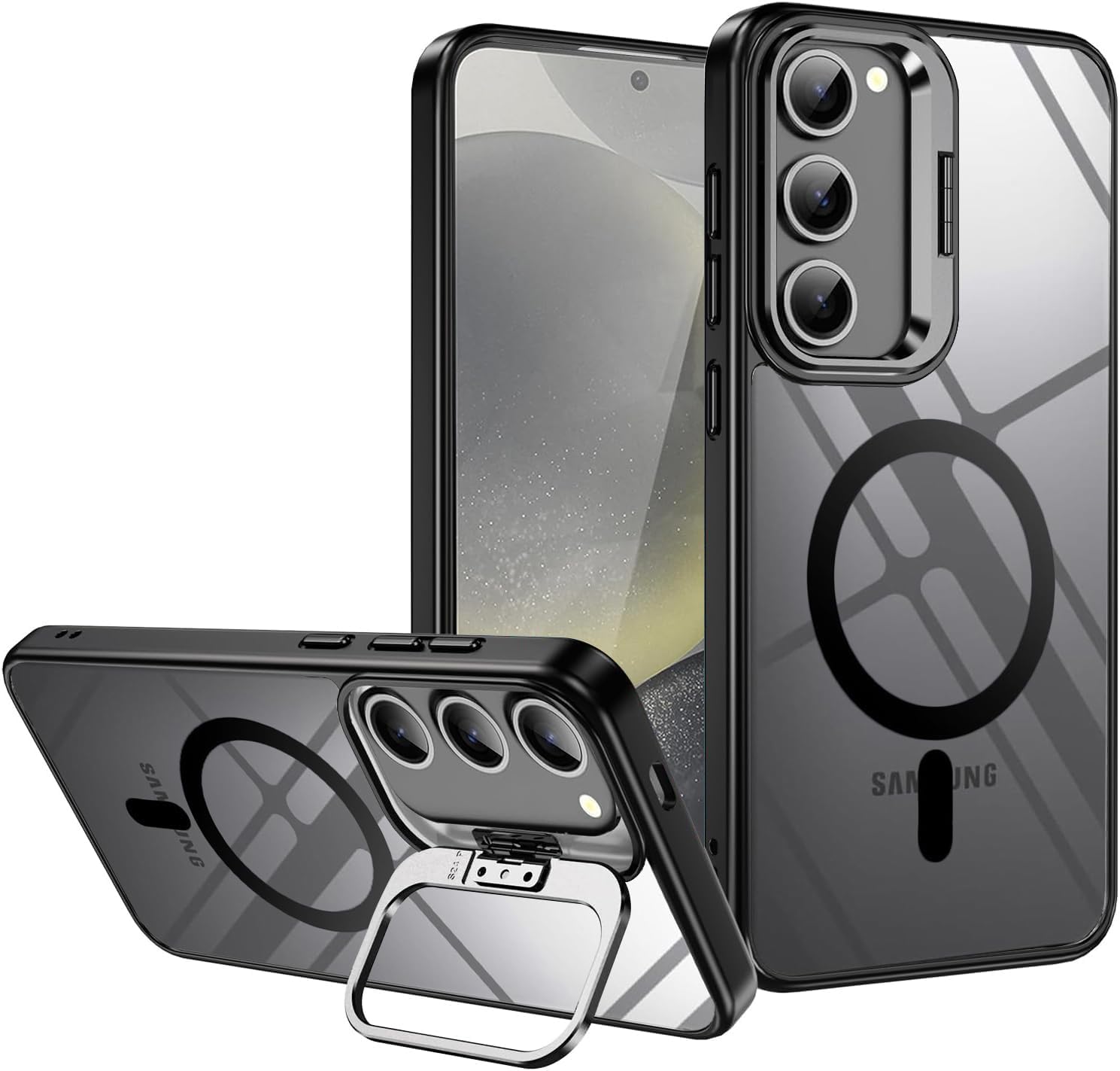 VONZEE Compatible for Samsung S23 Plus 5G Case, Compatible with MagSafe, Military-Grade Protective Case, Built-in Stash Stand Phone Case, Scratch-Resistant Back Cover, Classic Series|Clear Black