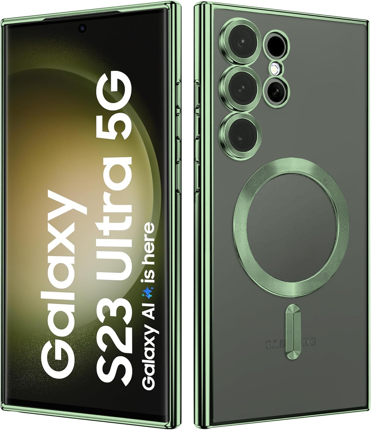 VONZEE Clear Logo Electroplating Transparent Case for Samsung Galaxy S23 Ultra 5G, Magnetic Plating [Support for MagSafe Charger] TPU Cover, Individual Camera Protection for Each Lens- Light Green