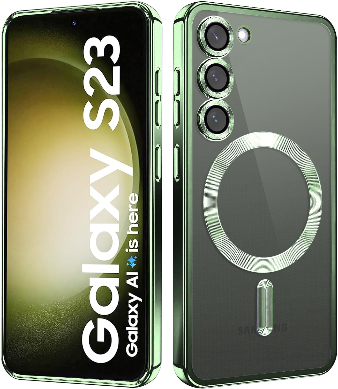 VONZEE Clear Logo Electroplating Transparent Case for Samsung Galaxy S23 5G, [Support for MagSafe Charger] Electroplate Magnetic TPU Cover, Individual Camera Protection for Each Lens- Light Green