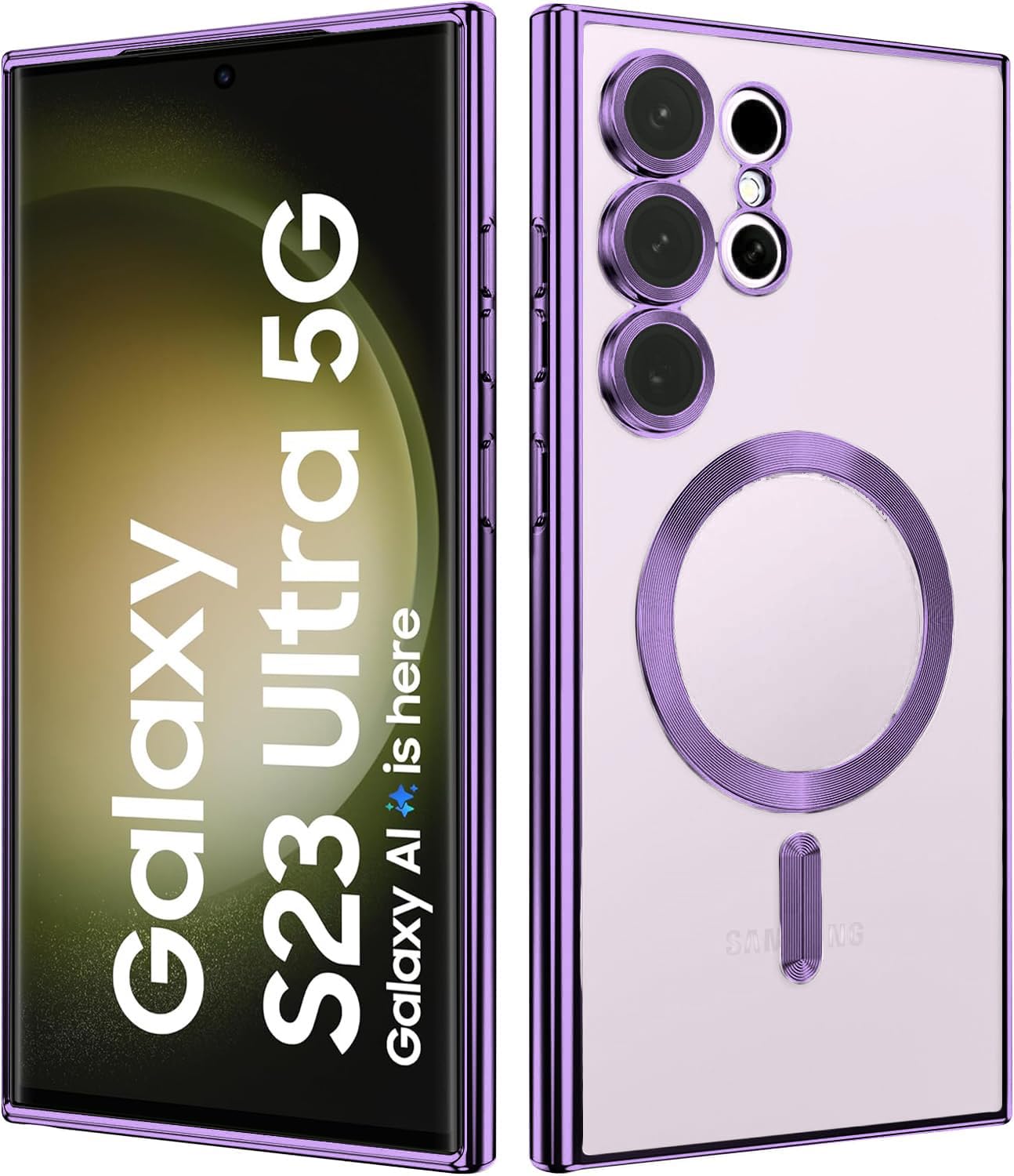 VONZEE Clear Logo Electroplating Transparent Case for Samsung Galaxy S23 Ultra 5G, Magnetic Plating [Support for MagSafe Charger] TPU Cover, Individual Camera Protection for Each Lens- Deep Purple
