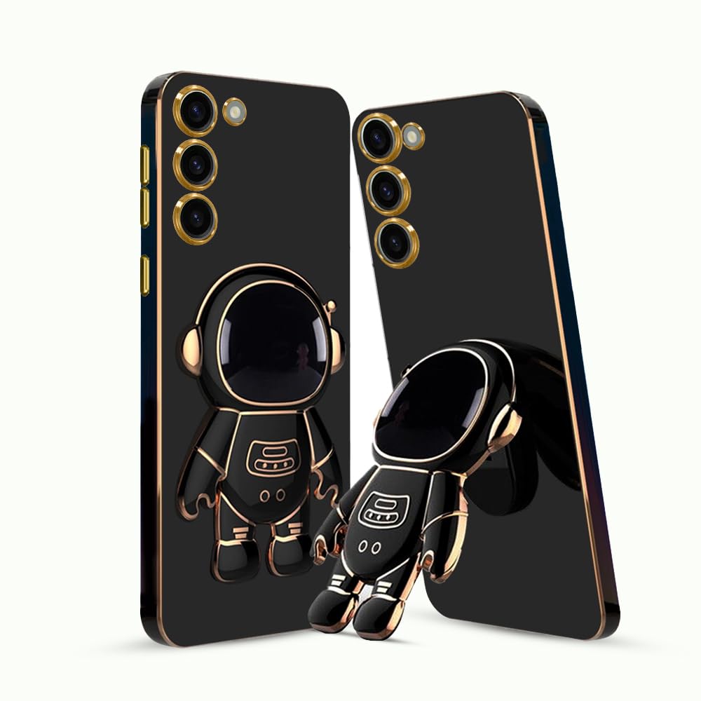 KARWAN®️ 3D Astronaut with Folding Stand Back Cover Case Compatible for Samsung Galaxy S23 | Slim electroplated case | Stand case | Soft TPU | Space Astro Theme | Camera Protection-Black