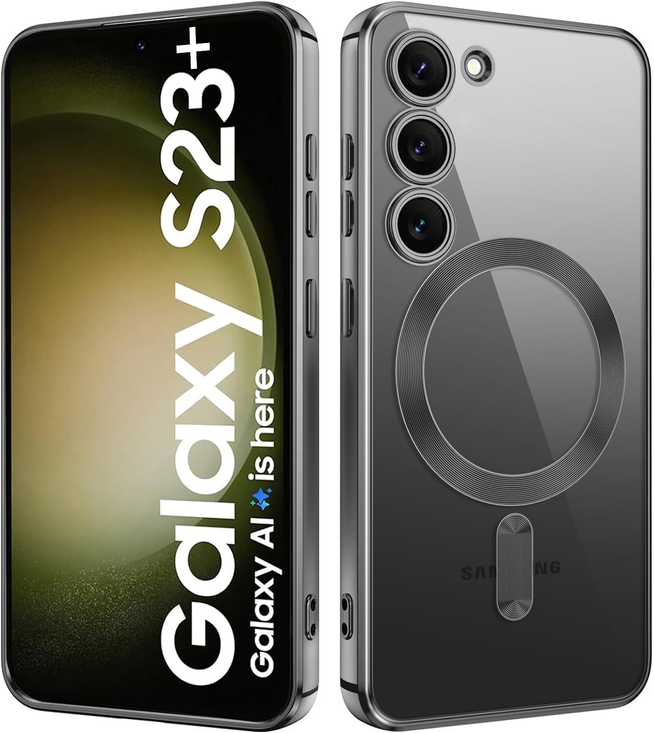 VONZEE Clear Logo Electroplating Transparent Case for Samsung Galaxy S23 Plus 5G, [Support for MagSafe Charger] Electroplate Magnetic TPU Cover, Individual Camera Protection for Each Lens- Black