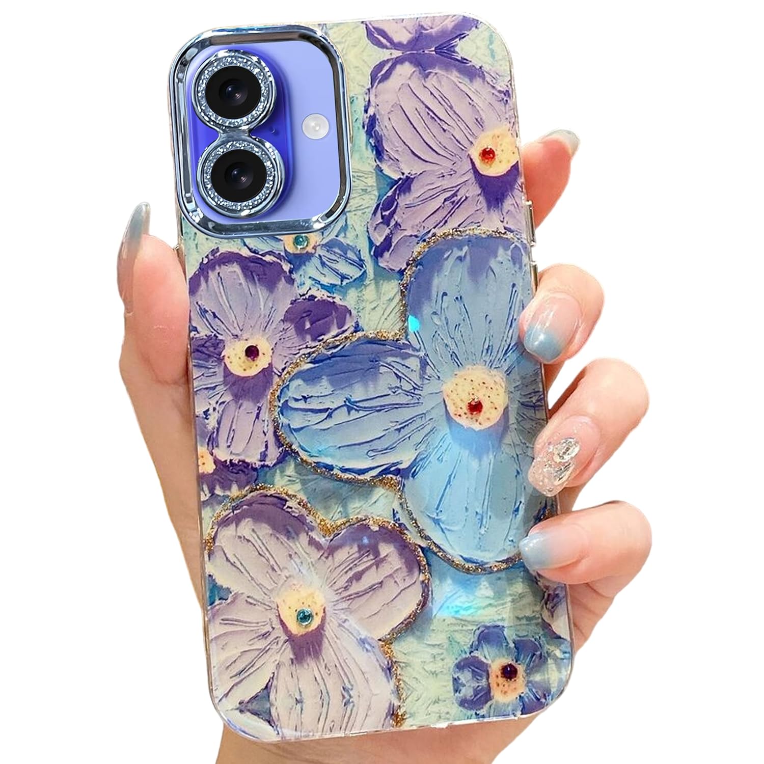 Elzzi Compatible with iPhone 16 Case 3D Laser Flower Oil Painting Cute Colorful Blue Ray Bumper with Full Camera Protection Shockproof PC+TPU Glossy Shiny Cover for Girls Women, Green
