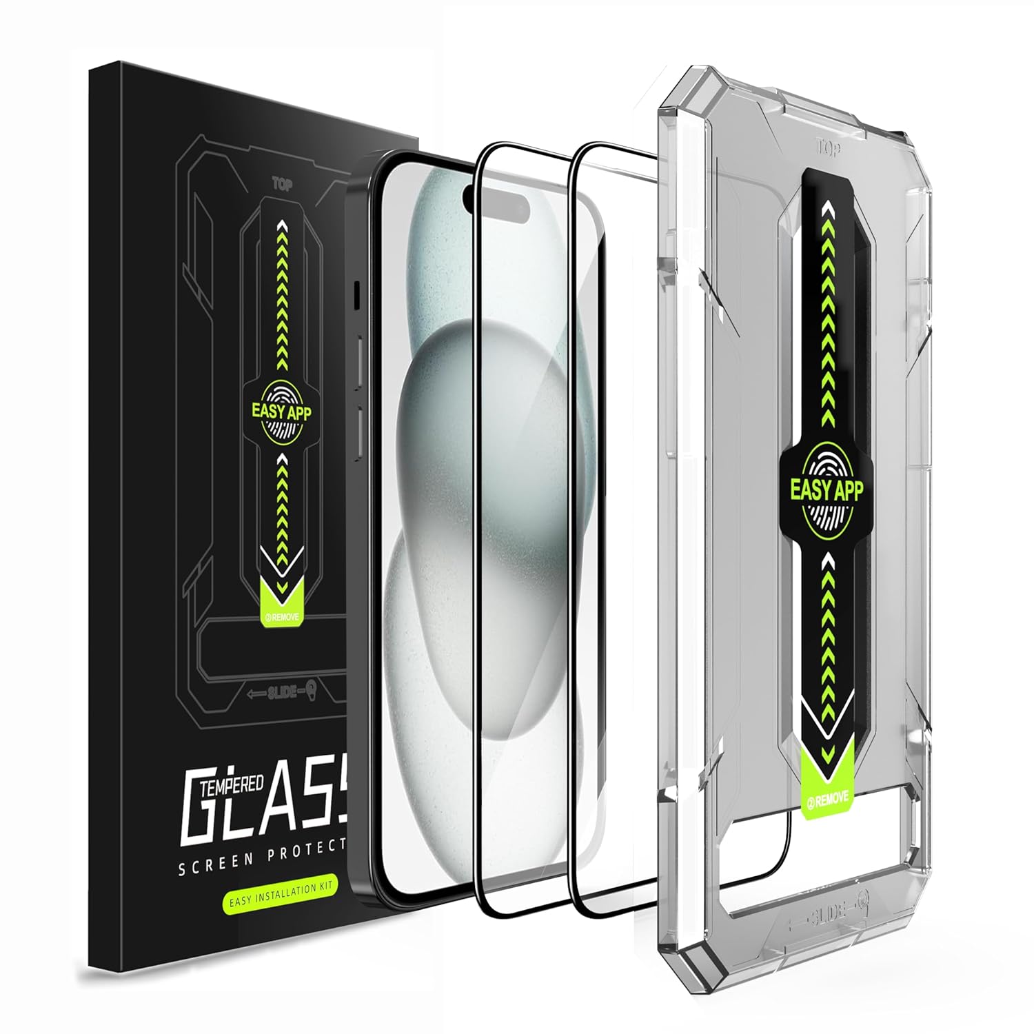 Amozo Easy Fit Tempered Glass Screen Protector Guard for iPhone 16 / iPhone 15 Edge To Edge Coverage (with easy applicator) – Pack of 2