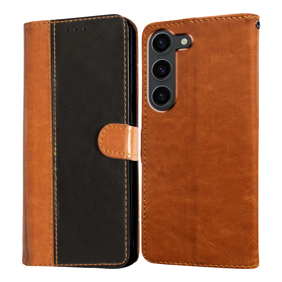 Casotec Flip Cover for Samsung Galaxy S23 5G | Premium Leather Finish | Inbuilt Pockets & Stand | Flip Case for Samsung Galaxy S23 5G (Camel and Black)