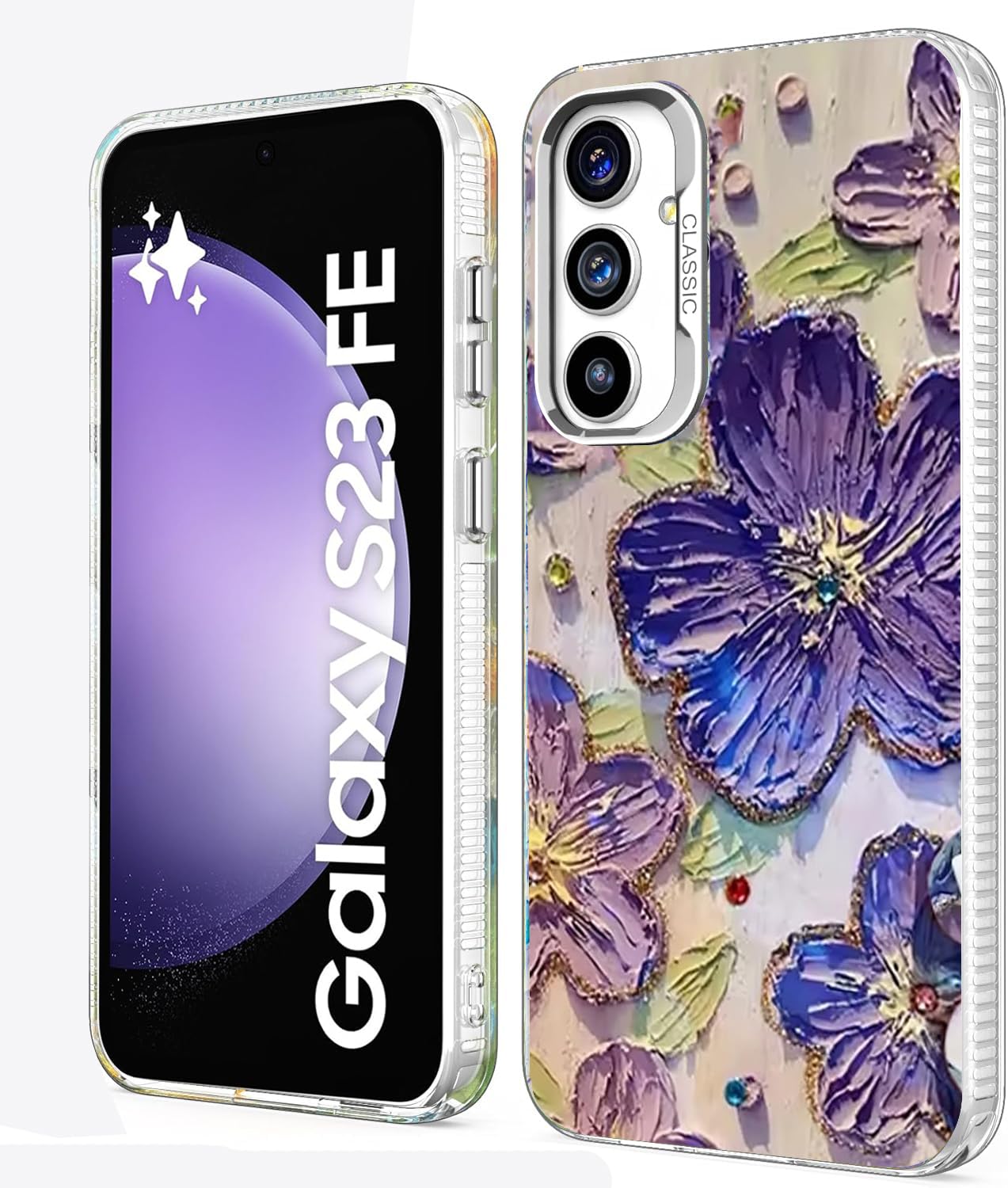 Elzzi Compatible with Samsung S23 FE 5G Case Laser Flower Oil Painting Cute Colorful Blue Ray Bumper with Full Camera Protection Shockproof PC+TPU Glossy Shiny Cover for Girls Women, Purple