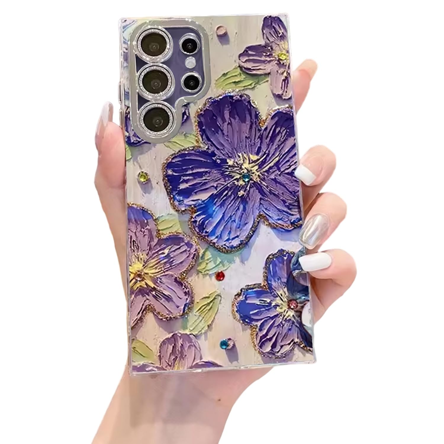 Elzzi Compatible with Samsung S23 Ultra 5G Case Laser Flower Oil Painting Cute Colorful Blue Ray Bumper with Full Camera Protection Shockproof PC+TPU Glossy Shiny Cover for Girls Women, Pink