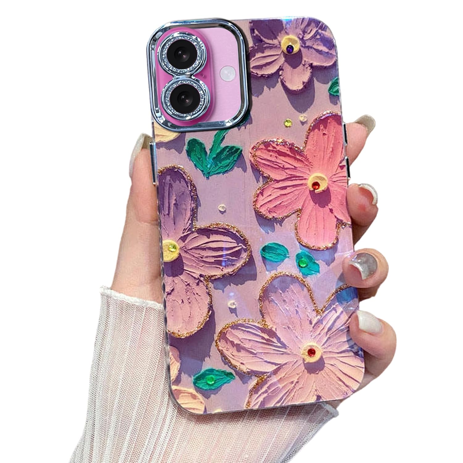 Elzzi Compatible with iPhone 16 Case 3D Laser Flower Oil Painting Cute Colorful Blue Ray Bumper with Full Camera Protection Shockproof PC+TPU Glossy Shiny Cover for Girls Women, Pink & Purple