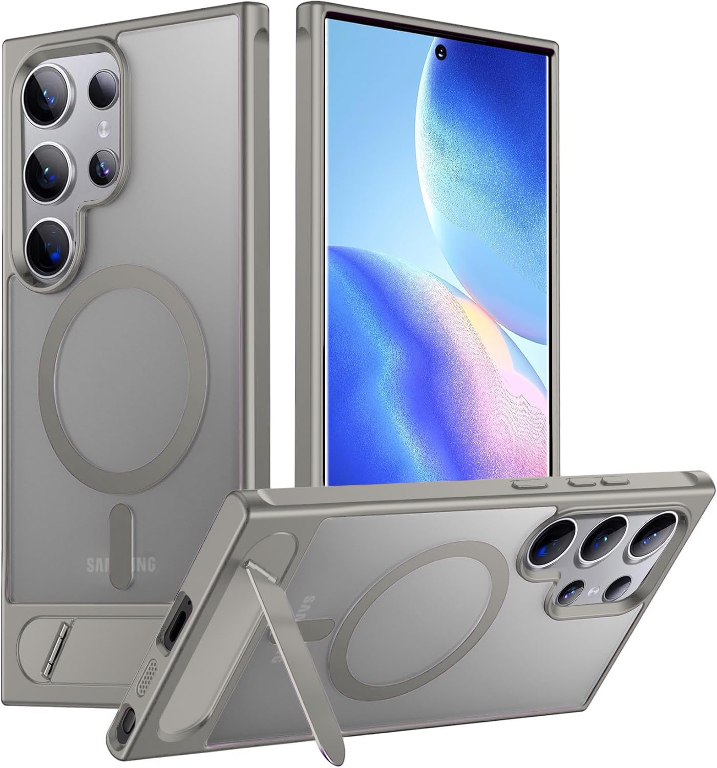 Elzzi Magnetic Cover Compatible for Samsung S24 Ultra 5g Case with Adjustable Metal Kickstand, Compatible with Mag-Safe Translucent Matte Shockproof Protective Phone Case, Natural Titanium