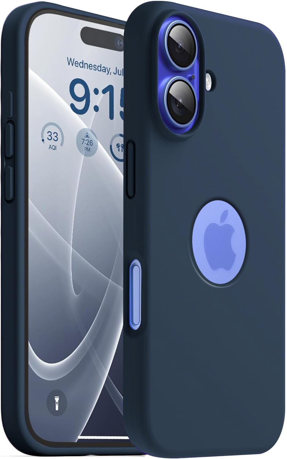 Elzzi Microfiber Logo Cut Cover Compatible for iPhone 16 Case Liquid Silicone Cases Full Body 4 Layer Protective Covers Shockproof Back Cover with High Raised Camera Lips (6.1 inch, Navy Blue)