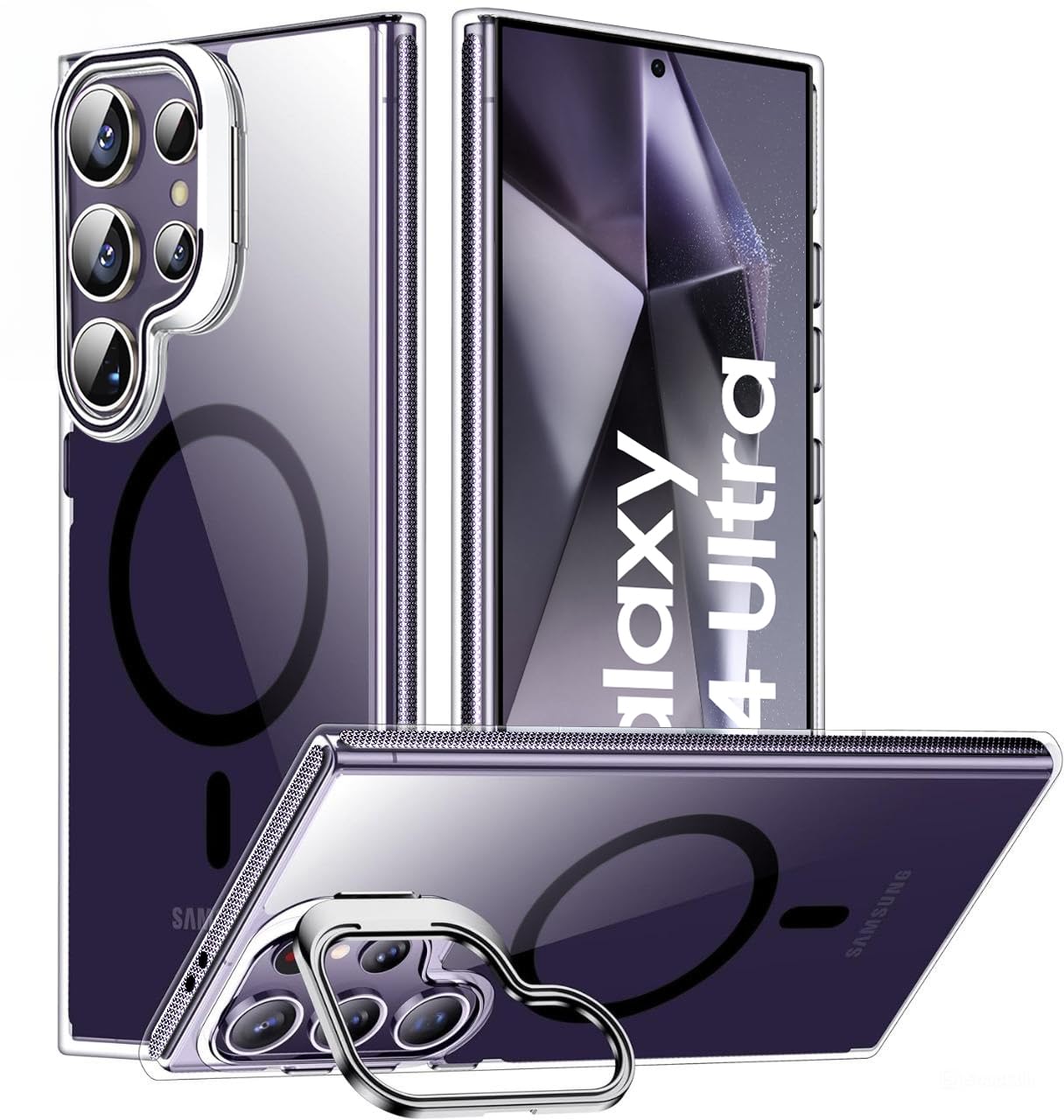 Elzzi Premium Samsung S24 Ultra 5g Case Compatible with MagSafe Cover Built-in Camera Stand Transparent Covers Military-Grade Protective Drop Protection Non Yellowing Hard PC +TPU, Titanium Violet