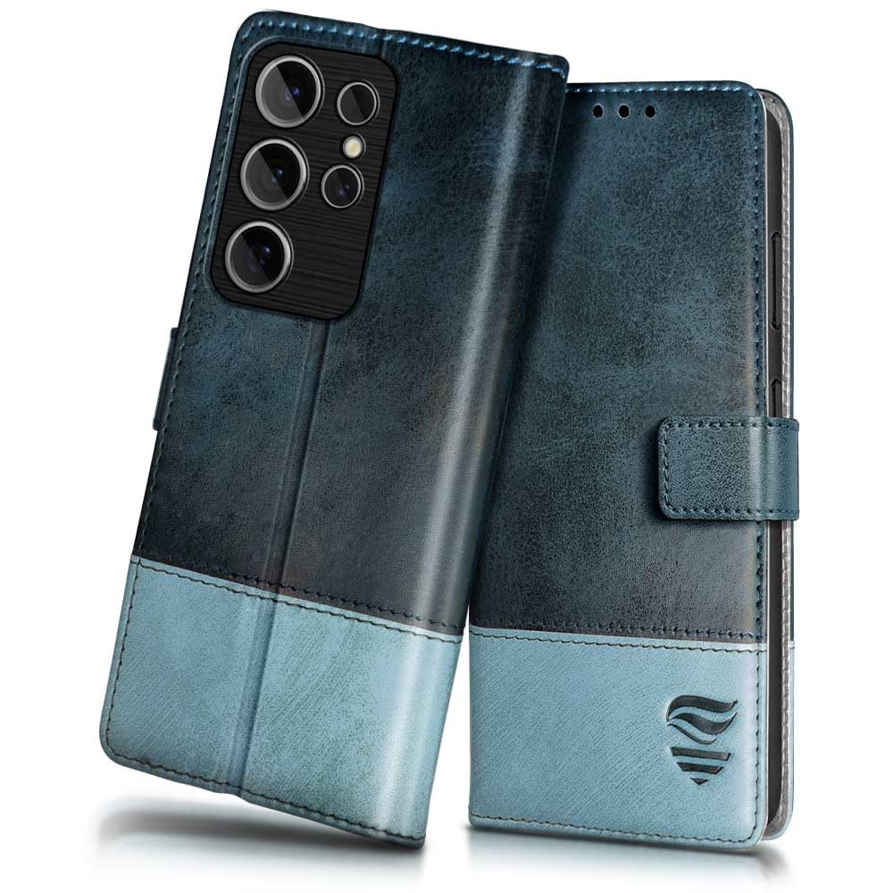 FLIPPED Vegan Leather Flip Case Back Cover for Samsung Galaxy S24 Ultra 5G (Flexible, Shock Proof | Hand Stitched Leather Finish | Card Pockets Wallet & Stand | Blue with Aquamarine)