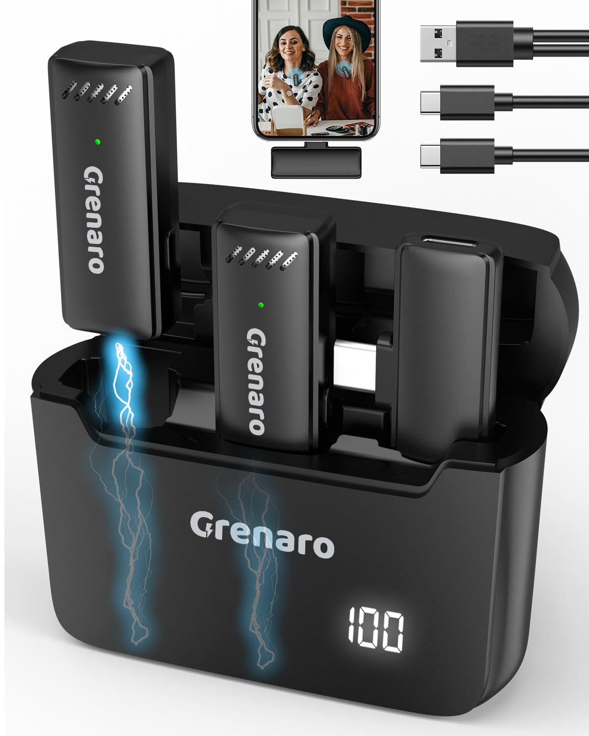 GRENARO Digital Display Wireless Mic for Youtubers, Video Recording, Facebook, Live Stream, Noise Cancellation Lapel Mic for Type-C Android (Dual Android)