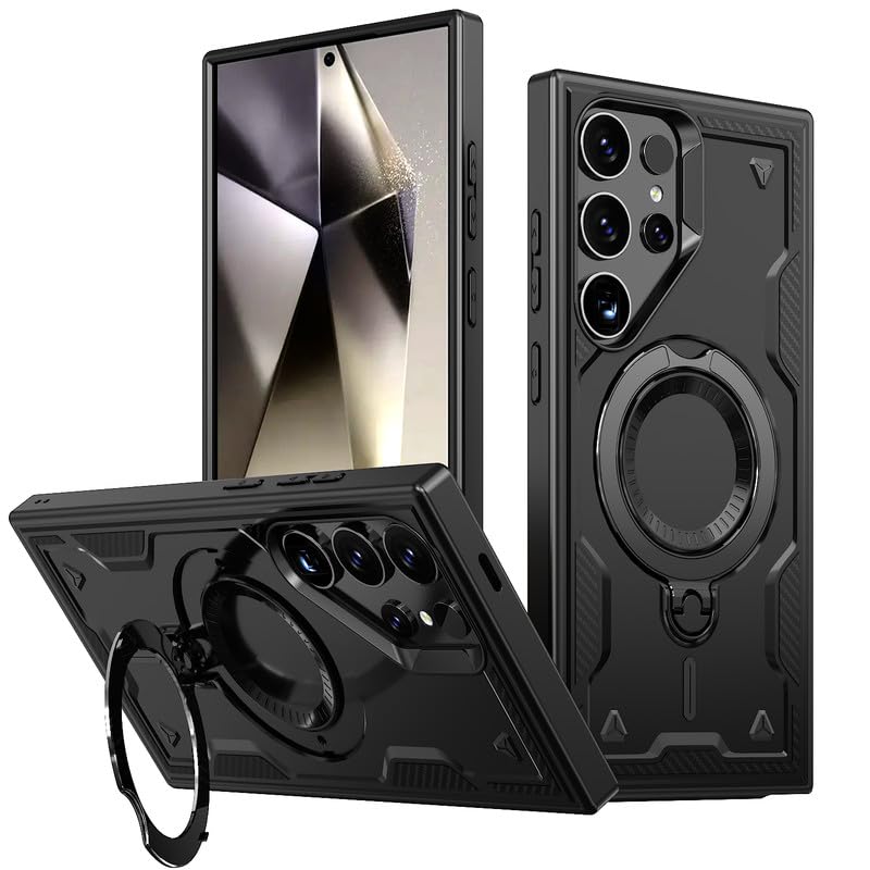 Glaslux Bumper Shockpoof Case Compatible with Samsung Galaxy S24 Ultra, Magnetic Attraction Ring Holder Phone Cover and 360° Protection Rotate Stand Case Cover for Samsung Galaxy S24 Ultra – Black