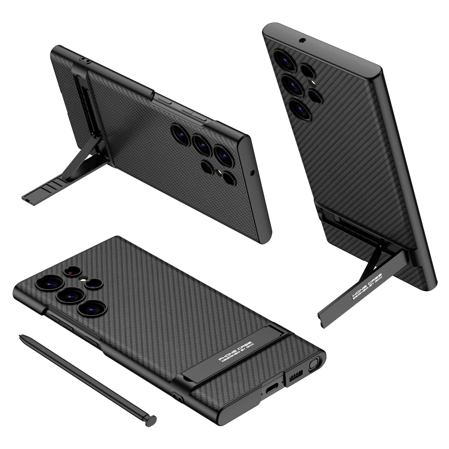 Midkart Leather Cover Compatible with Samsung Galaxy S23 Ultra Release 2023 with Kickstand Full Body Shockproof and Fine Hole Camera Protection Case, Fiber Black