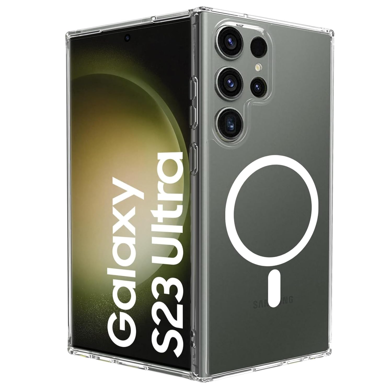 RIGGEAR Shockproof Clear Hybrid Armor Magnetic Back Cover Case Compatible with MagSafe Accessories for Samsung Galaxy S23 Ultra (Clear PC + Clear TPU Bumper)