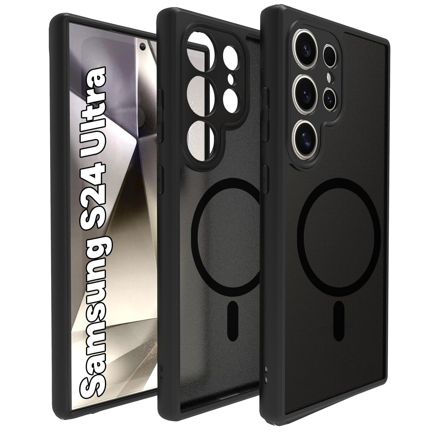 RIGGEAR Shockproof Sleek Hybrid Armor Back Cover Case Compatible with MagSafe Accessories for Samsung Galaxy S24 Ultra (Smoke Black Matte PC + Black TPU Bumper)