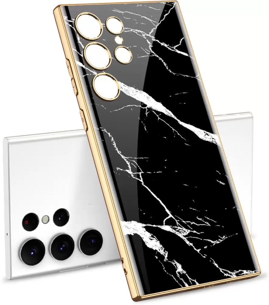 Scalebee Back Cover for Samsung Galaxy S24 Ultra 5G Hard Glass Anti-Collision Glitter Marble Slim Protective Cover Phone Case 360 Degree Shockproof TPU Cover for Galaxy S24 Ultra. (Black White)