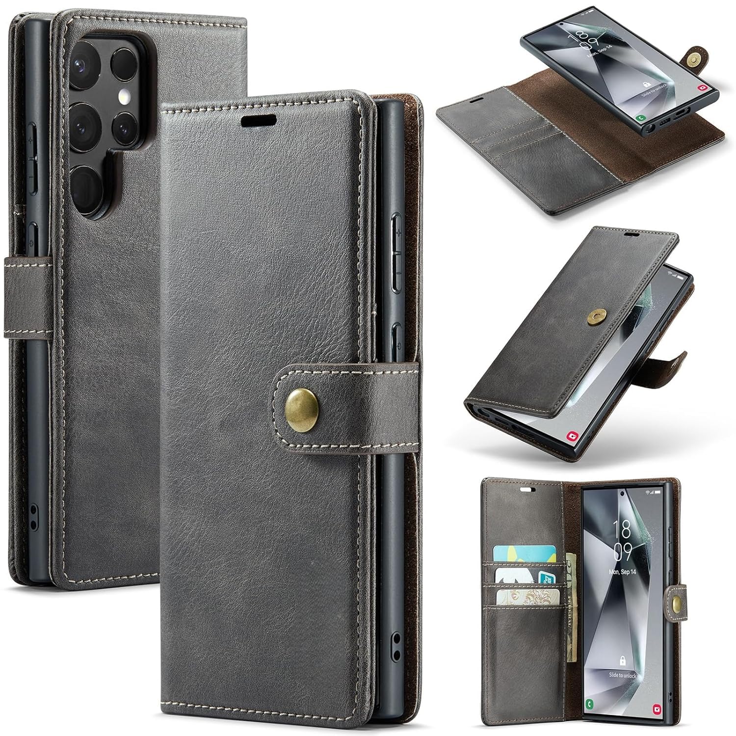 Scalebee Back Cover for Samsung Galaxy S24 Ultra Genuine Leather Wallet Card Holder Case, Magnetic Detachable 2 in 1 Split Can be Used with or Without Flip Cover Pouch Shell (Grey)