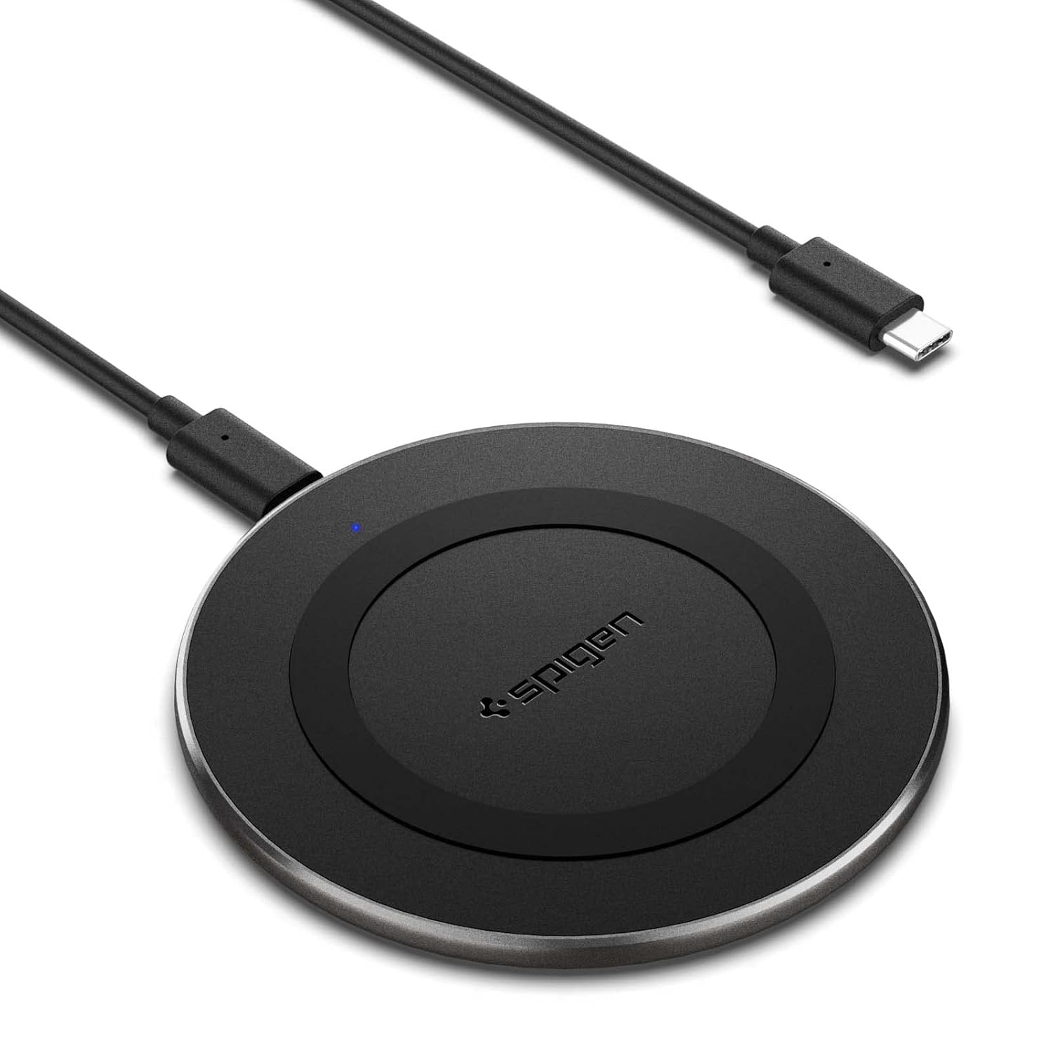 Spigen Essential Wireless Charger for iPhone 16/15/14/13/12/11/X.8 Series, Samsung Galaxy S24/S23/S22/S21/S20 OnePlus 9/9 Pro with USB-C to C Type Cable [Version 2] – Black
