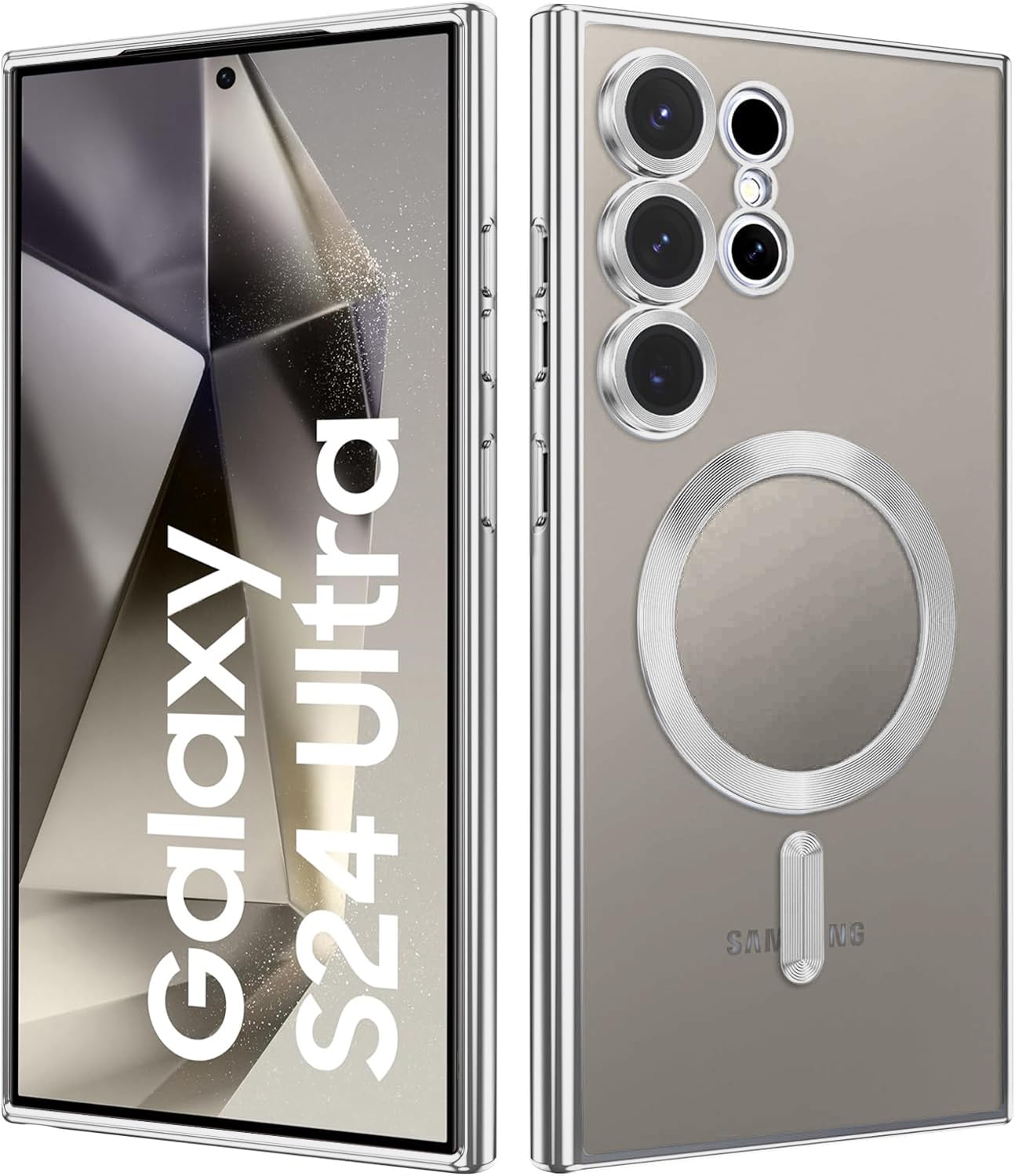 VONZEE Clear Logo Electroplating Transparent Case for Samsung Galaxy S24 Ultra 5G, [Support for MagSafe Charger] Electroplate Magnetic TPU Cover, Individual Camera Protection for Each Lens - Grey