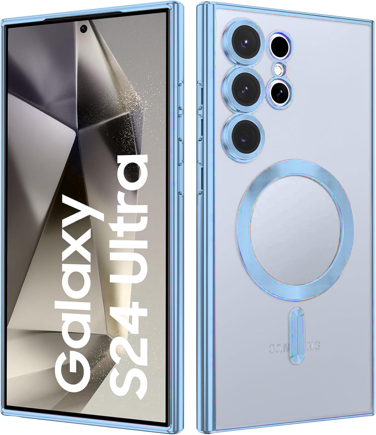 VONZEE Clear Logo Electroplating Transparent Case for Samsung S24 Ultra 5G, [Support for MagSafe Charger] Electroplate Magnetic TPU Cover, Individual Camera Protection for Each Lens - Sierra Blue