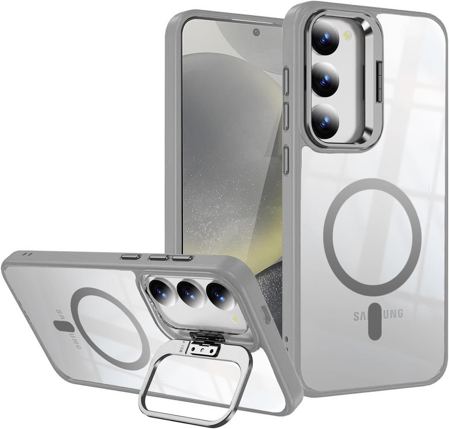 VONZEE Compatible for Samsung S23 Plus 5G Case, Compatible with MagSafe, Military-Grade Protective Case, Built-in Stash Stand Phone Case, Scratch-Resistant Back Cover, Classic Series|Clear Grey