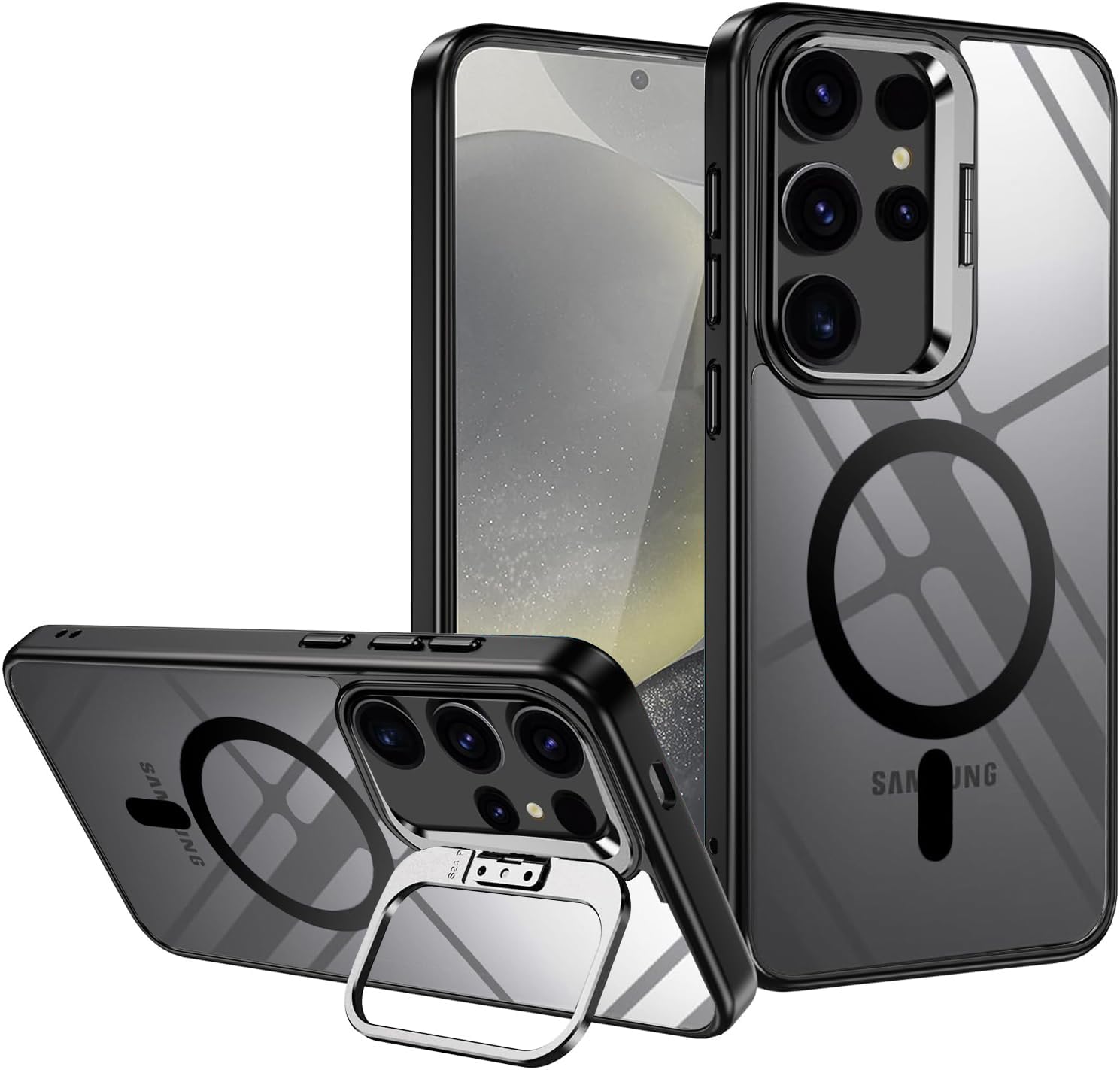 VONZEE Compatible for Samsung S24 Ultra 5G Case, Compatible with MagSafe, Military-Grade Protective Case, Built-in Stash Stand Phone Case, Scratch-Resistant Back Cover, Classic Series|Clear Black