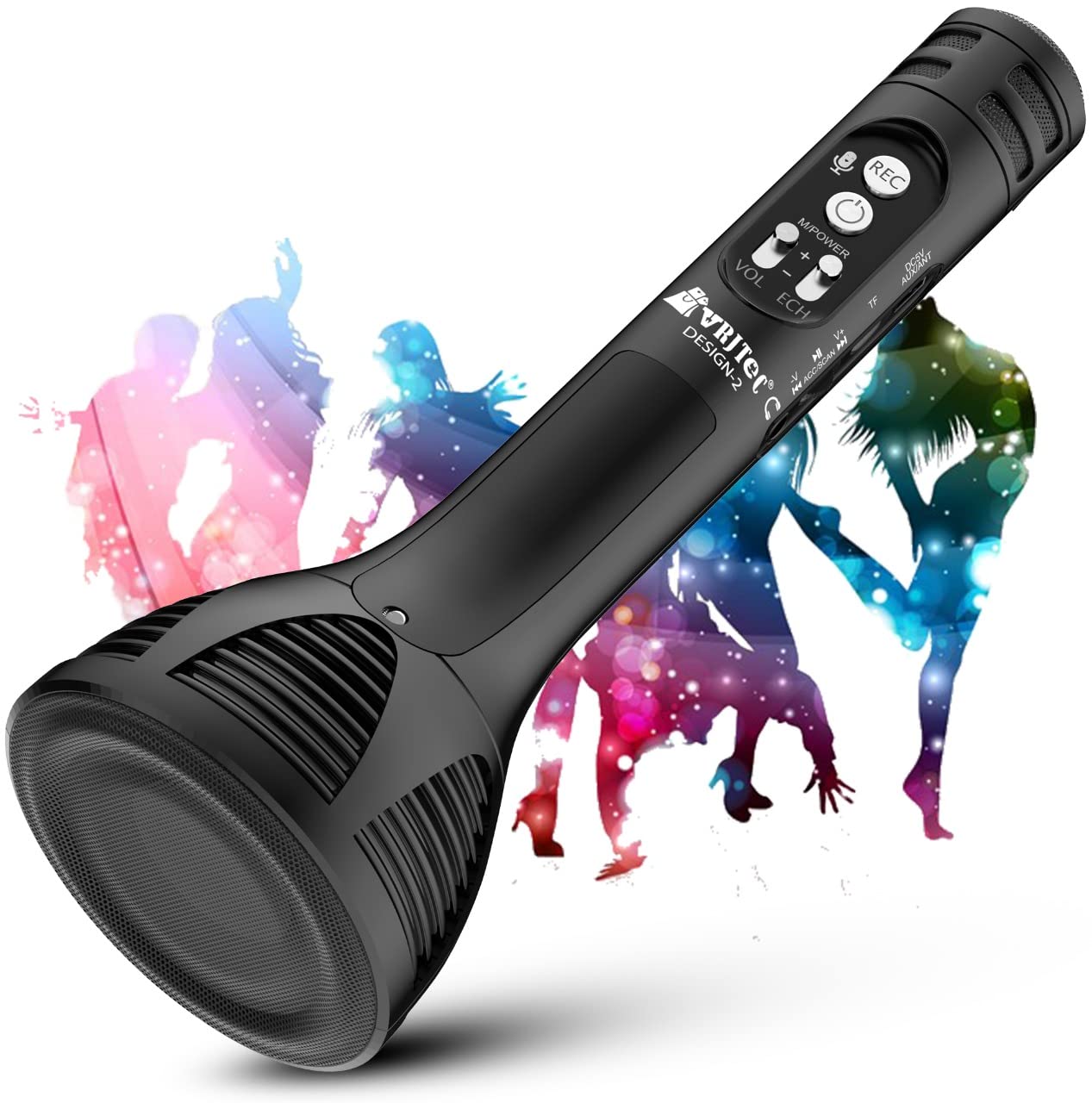 VRJTEC Bluetooth Karaoke Mic – Wireless & Multifunctional2 in 1 Microphone with Audio Recording, 12 Hours Battery Life + USB Charging + Card Slot + Aux Port (Black – Color)
