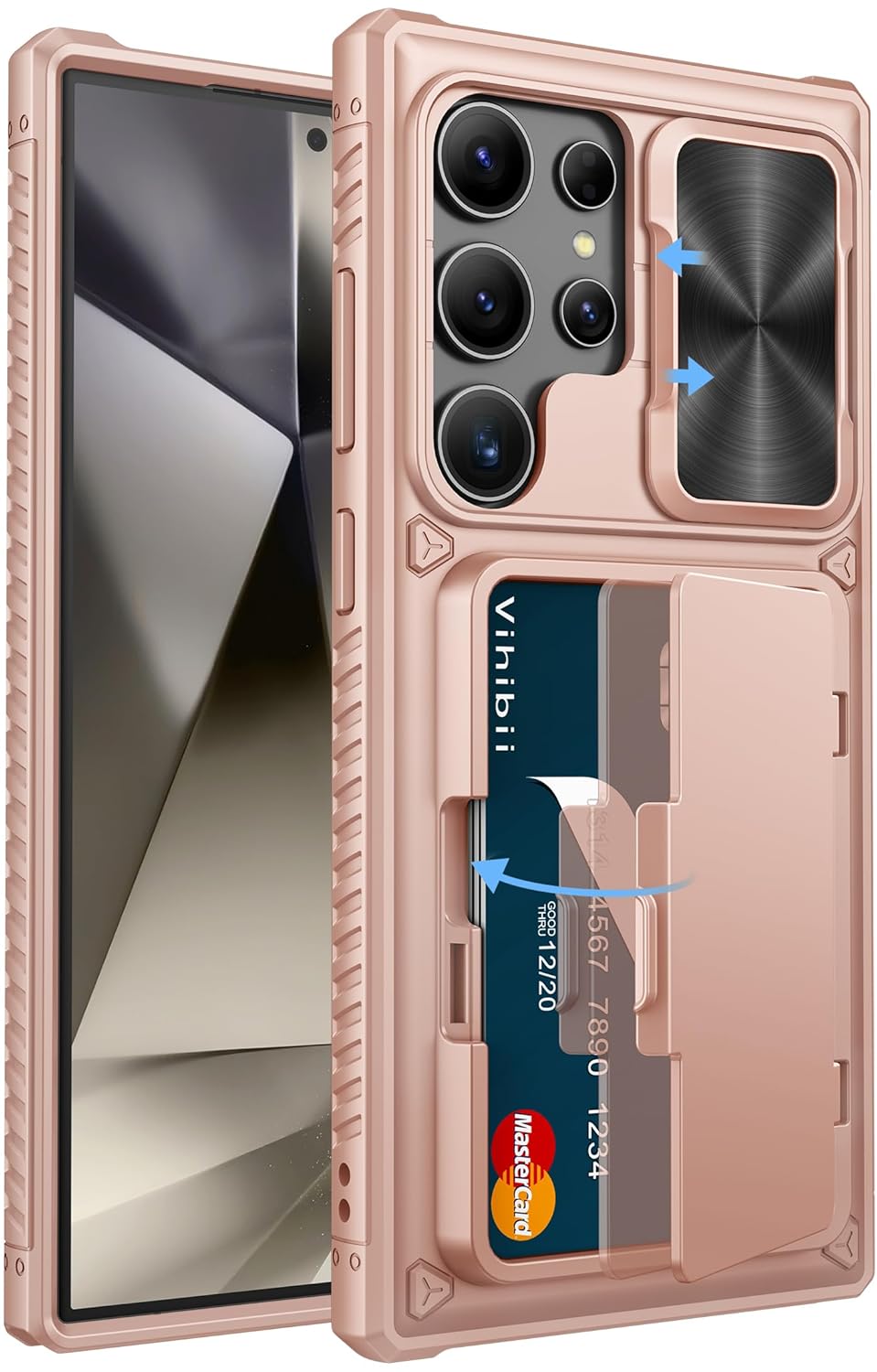 Vihibii for Samsung Galaxy S24 Ultra Back Cover with Slide Camera Cover & Card Holder (4 Cards) & Kickstand, Hard Case for Galaxy S24 Ultra, Rose Gold