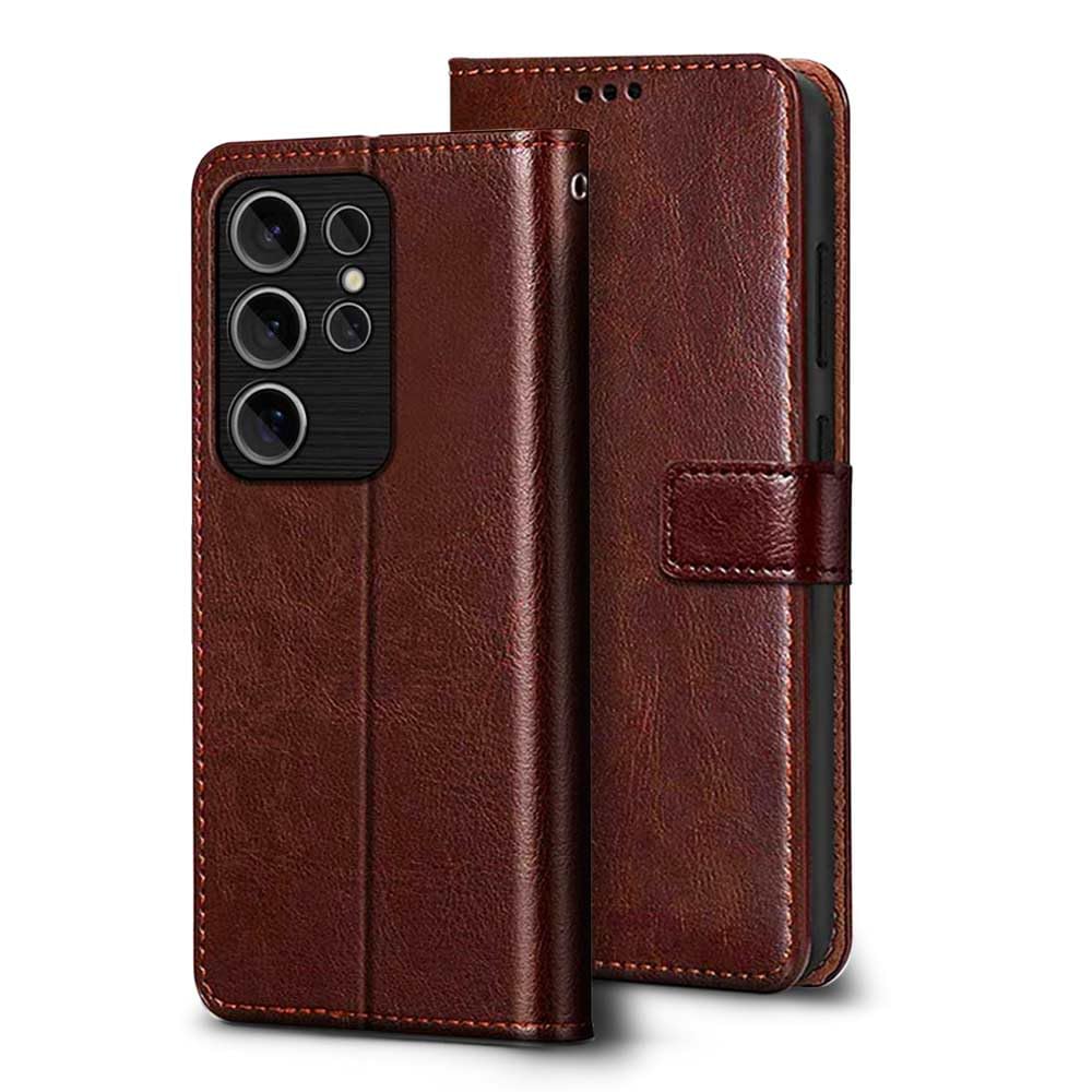 WOW IMAGINE Samsung Galaxy S24 Ultra 5G Back Case Cover Shock Proof Flip Cover (Flexible | Leather Finish | Card Pockets Wallet & Stand | (Chestnut Brown)