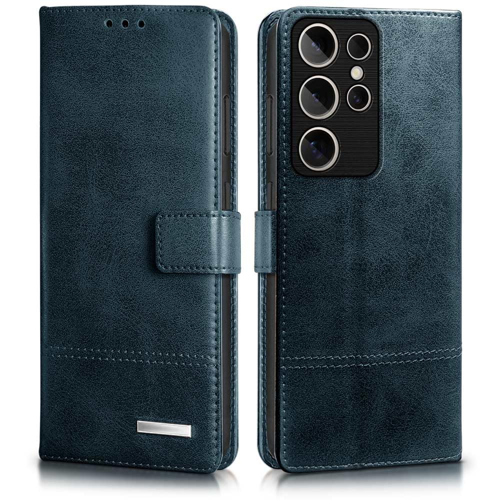WOW IMAGINE Shock Proof Hand Stitched Luxury Premium Flip Cover Case for Samsung Galaxy S24 Ultra 5G (Flexible | Leather Finish | Card Pockets Wallet & Stand | Tanned Blue)