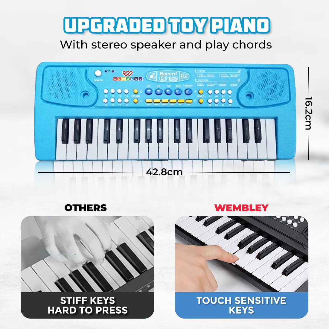 Wembley Kids Piano with Mic Electronic Keyboard Musical Toy for Beginners Boys Girls 3 4 5 6 7 8 9 Years with Recording 37 Keys 8 Rhythms 8 Tones 6 Demos Function – Blue