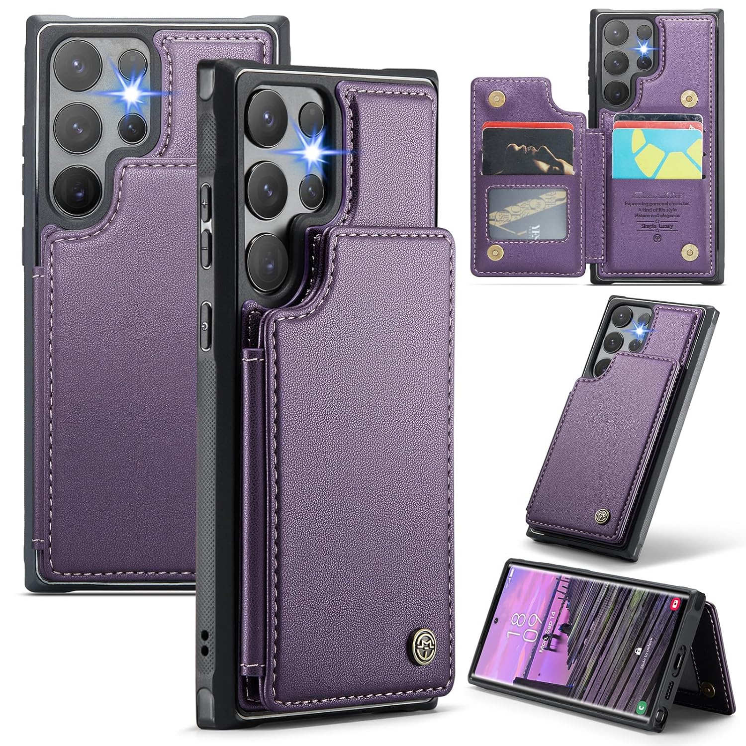 XIMAND for Samsung Galaxy S24 Ultra Wallet Case with RFID Blocking and 5 Credit Card Holder, Premium Durable Slim Leather Magnetic Clasp Kickstand Heavy Duty Shockproof Protective Cover.- Purple