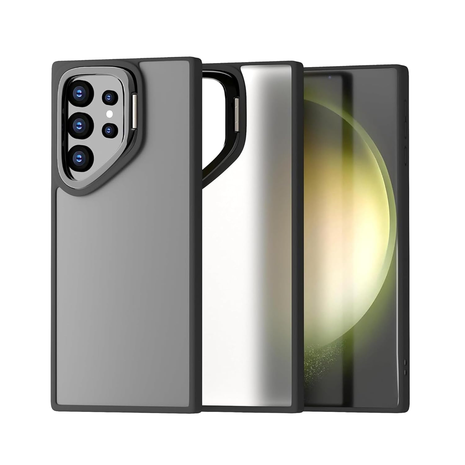 amazon basics Samsung Galaxy S23 Ultra Case with Stand, Scratch Resistant Back, Military-Grade Protection, Adjustable Camera Ring Stand, TPU, Classic Kickstand Back Cover, Frosted Black