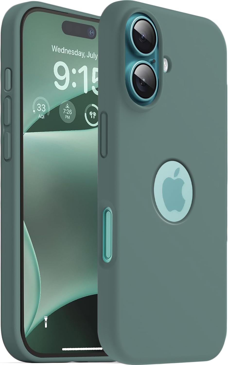 Elzzi Microfiber Logo Cut Cover Compatible for iPhone 16 Case Liquid Silicone Cases Full Body 4 Layer Protective Covers Shockproof Back Cover with High Raised Camera Lips (6.1 inch, Pine Green)