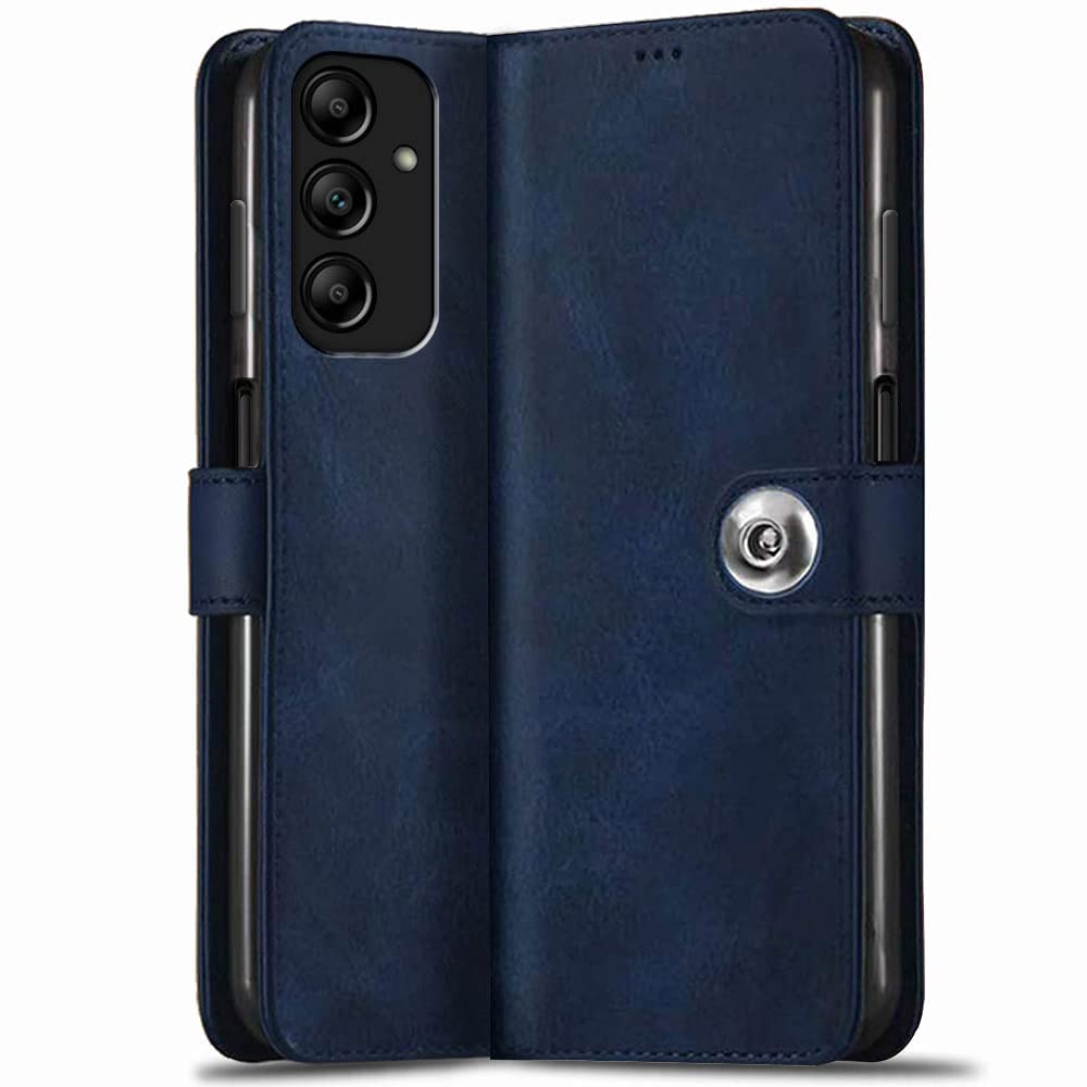 TheGiftKart Flip Cover Back Case for Samsung Galaxy A14 4G / A14 5G | Genuine Leather Finish | Designer Button | Inbuilt Pockets & Stand (Blue)