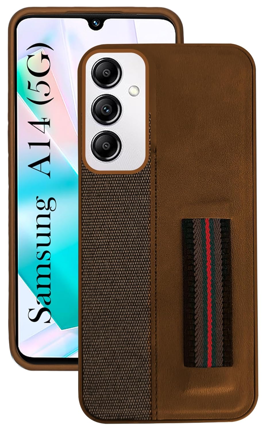 Jkobi Back Cover Case for Samsung Galaxy A14 4G | 5G (Professional PU Leather | Strip Chain Holder Socket | Brown)
